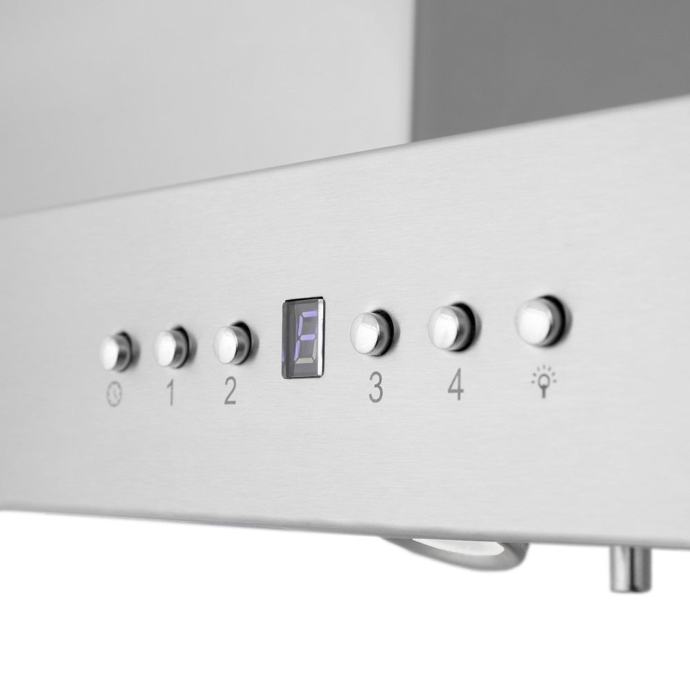 ZLINE Island Mount Range Hood in Stainless Steel with Built-in ZLINE CrownSound Bluetooth Speakers (KE2iCRN-BT) button panel and display.