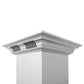 ZLINE Island Mount Range Hood in Stainless Steel with Built-in ZLINE CrownSound Bluetooth Speakers (KE2iCRN-BT) chimney detail close-up.