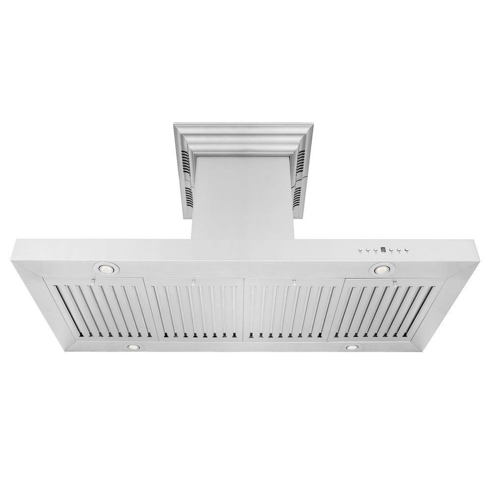 ZLINE Island Mount Range Hood in Stainless Steel with Built-in ZLINE CrownSound Bluetooth Speakers (KE2iCRN-BT) front, under.