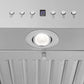 ZLINE Island Mount Range Hood in Stainless Steel with Built-in ZLINE CrownSound Bluetooth Speakers (KE2iCRN-BT) built-in LED light close-up.