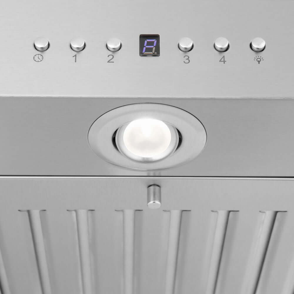 ZLINE Island Mount Range Hood in Stainless Steel with Built-in ZLINE CrownSound Bluetooth Speakers (KE2iCRN-BT) built-in LED light close-up.