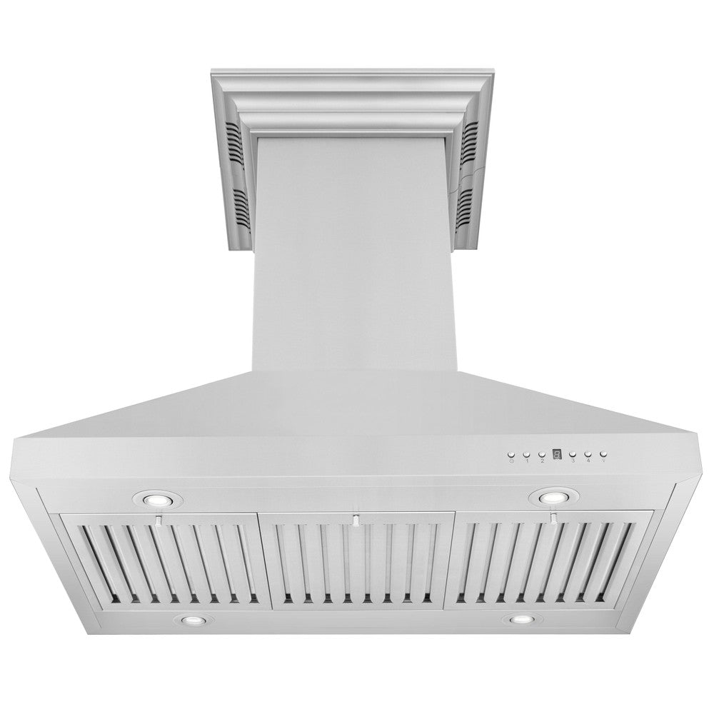 ZLINE Island Mount Range Hood in Stainless Steel with Built-in ZLINE CrownSound Bluetooth Speakers (KL3iCRN-BT) front, under.