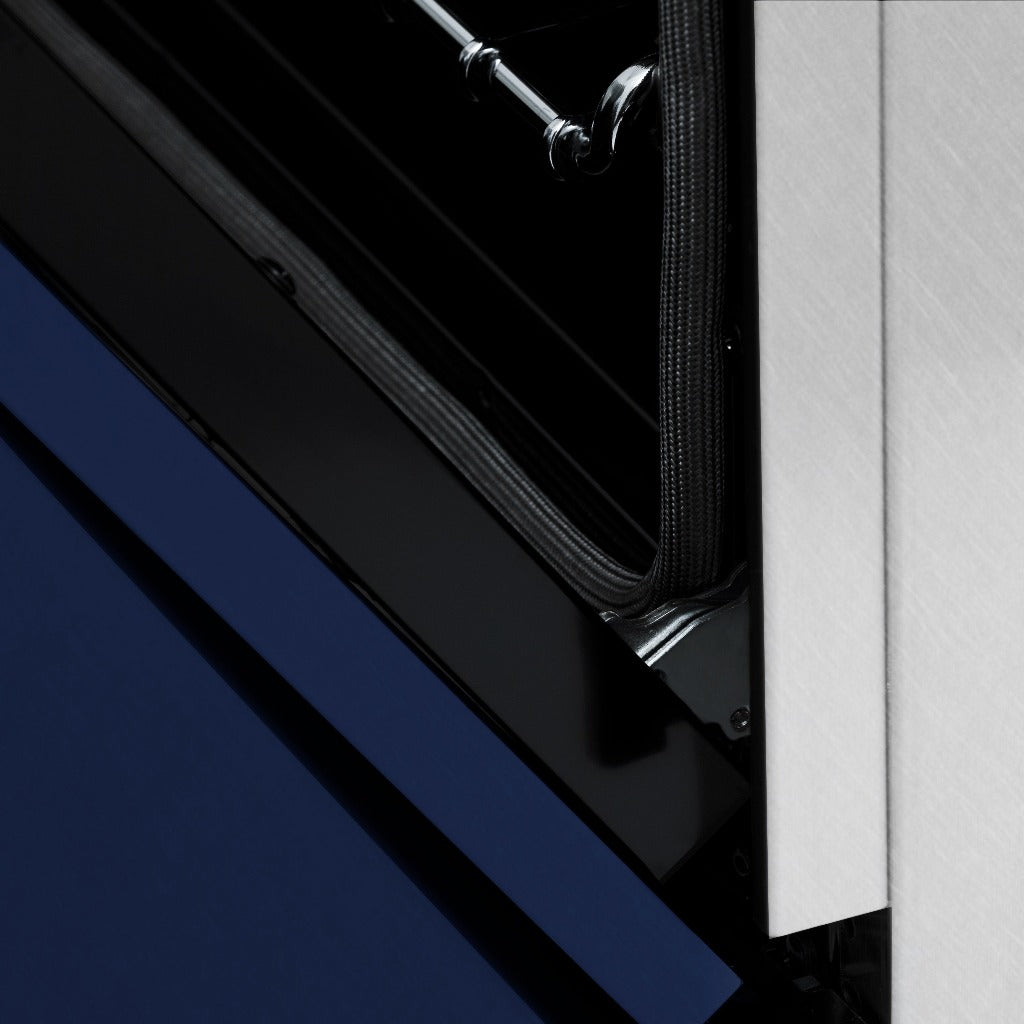 ZLINE 24 in. Professional Dual Fuel Range in Fingerprint Resistant Stainless Steel with Blue Gloss Door (RAS-BG-24) StayPut Oven Door Hinges close-up.