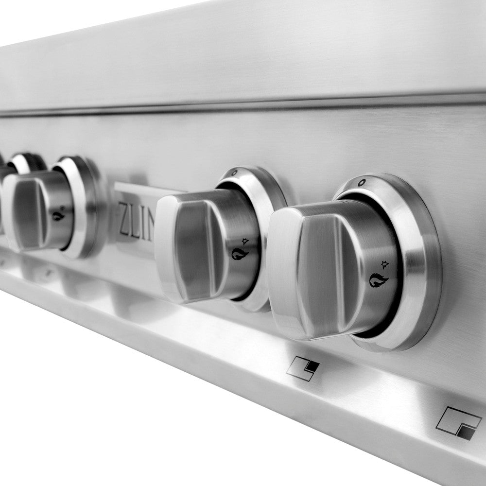 Stainless steel knobs on ZLINE 36 in. Stainless Steel Gas Rangetop.