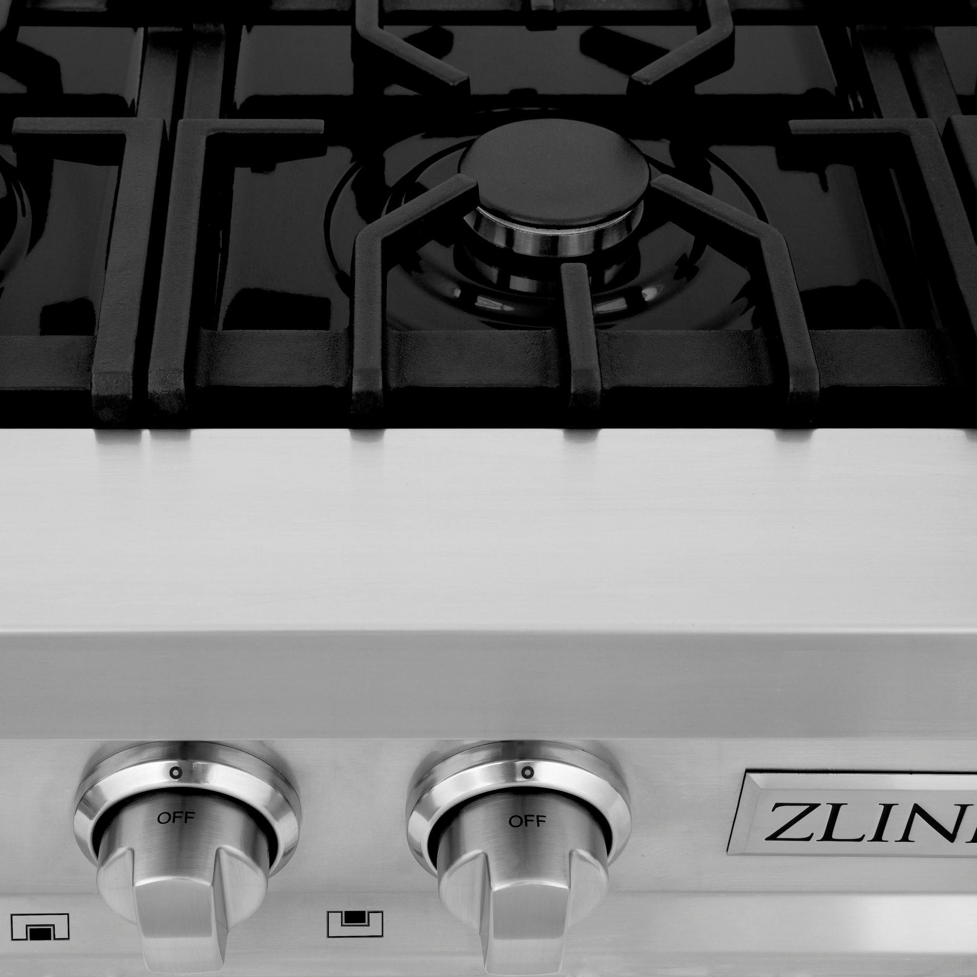 Cast iron grates and cooktop knobs on ZLINE 36 in. Stainless Steel Gas Rangetop.