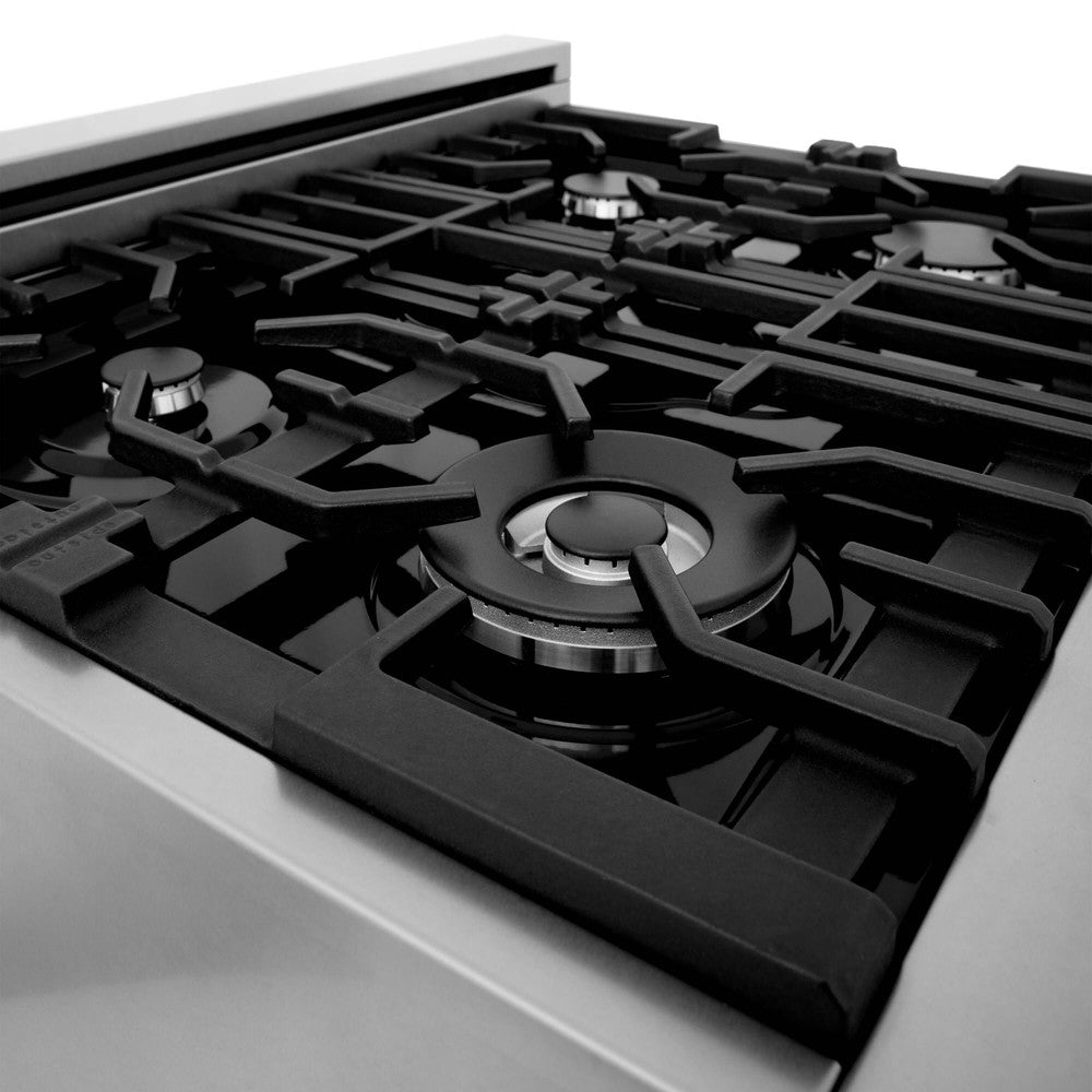 ZLINE burners on cooktop with cast-iron grates.
