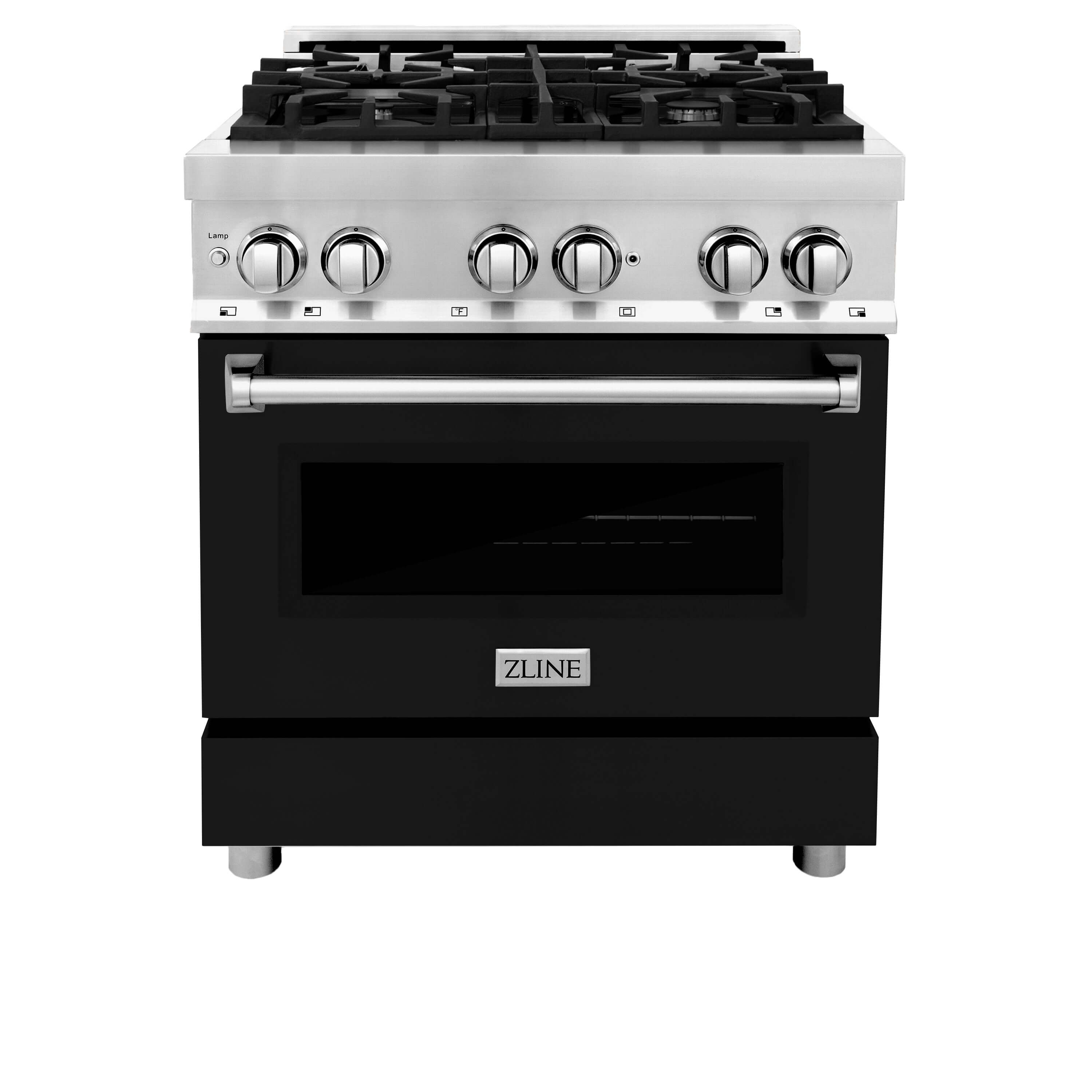 ZLINE 30 in. Kitchen Package with Stainless Steel Dual Fuel Range with Black Matte Door and Convertible Vent Range Hood (2KP-RABLMRH30)