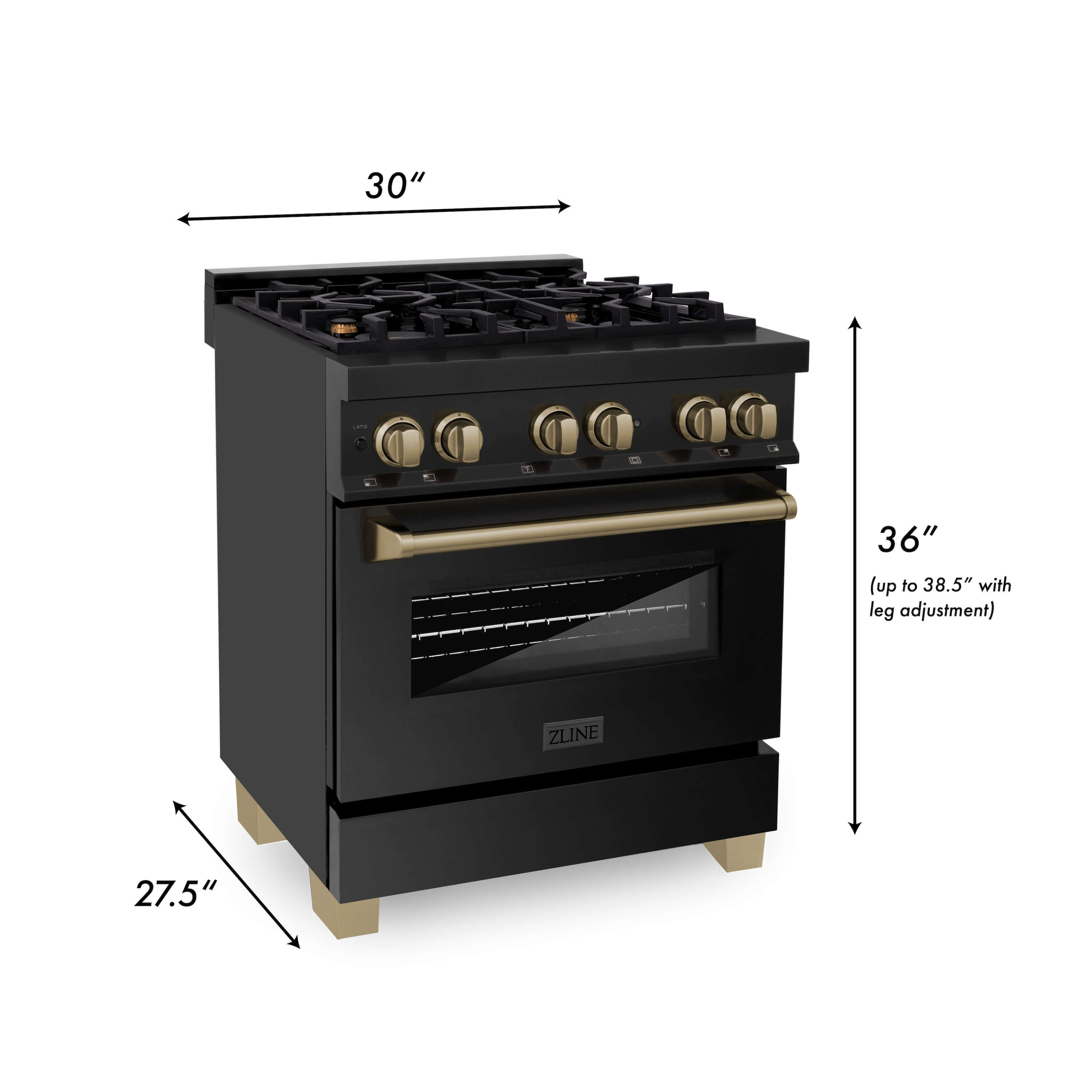 ZLINE Autograph Edition 30" Black Stainless Steel Dual Fuel Range with Champagne Bronze accents dimensions.