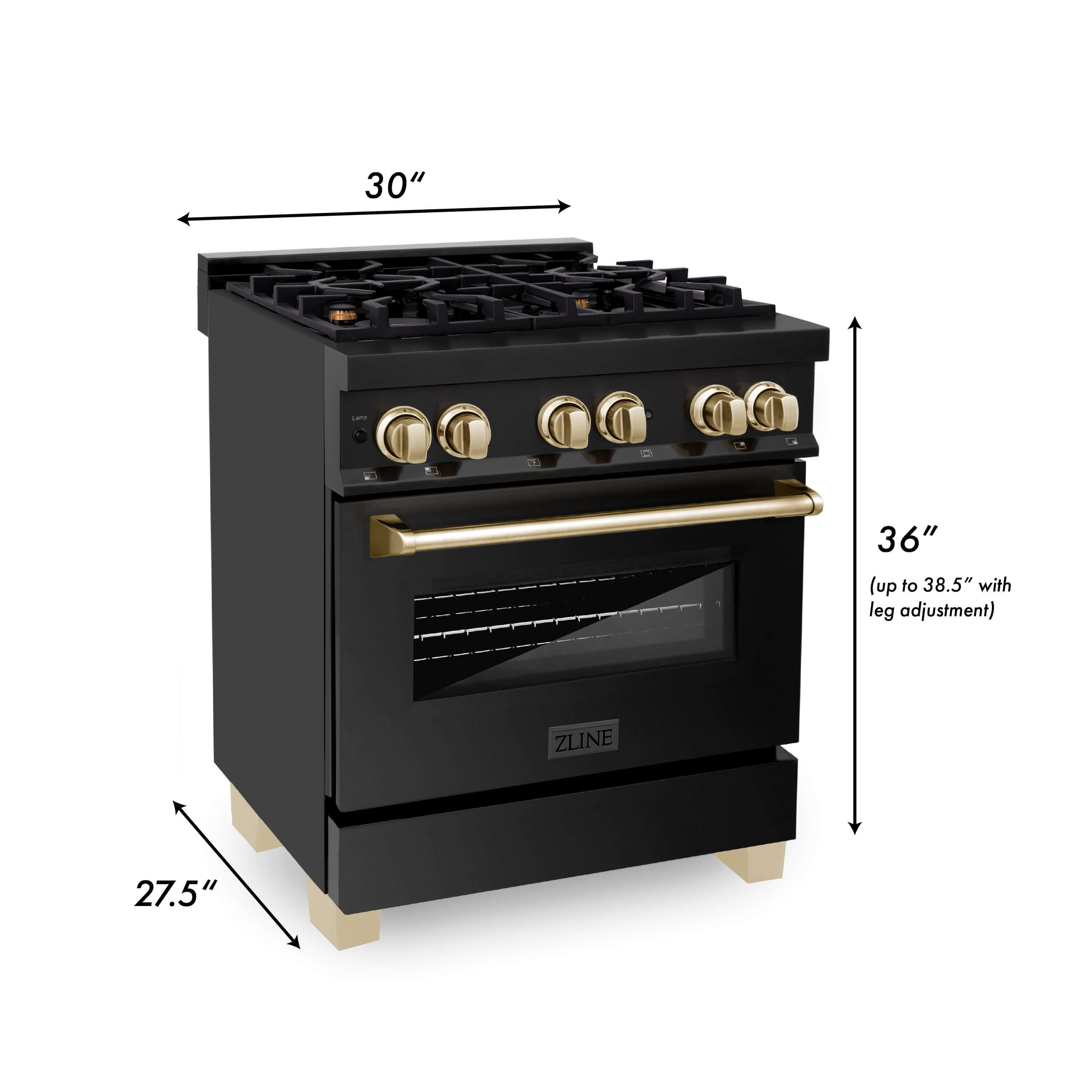 ZLINE 30" Black Stainless Steel Dual Fuel Range with Polished Gold accents dimensions.