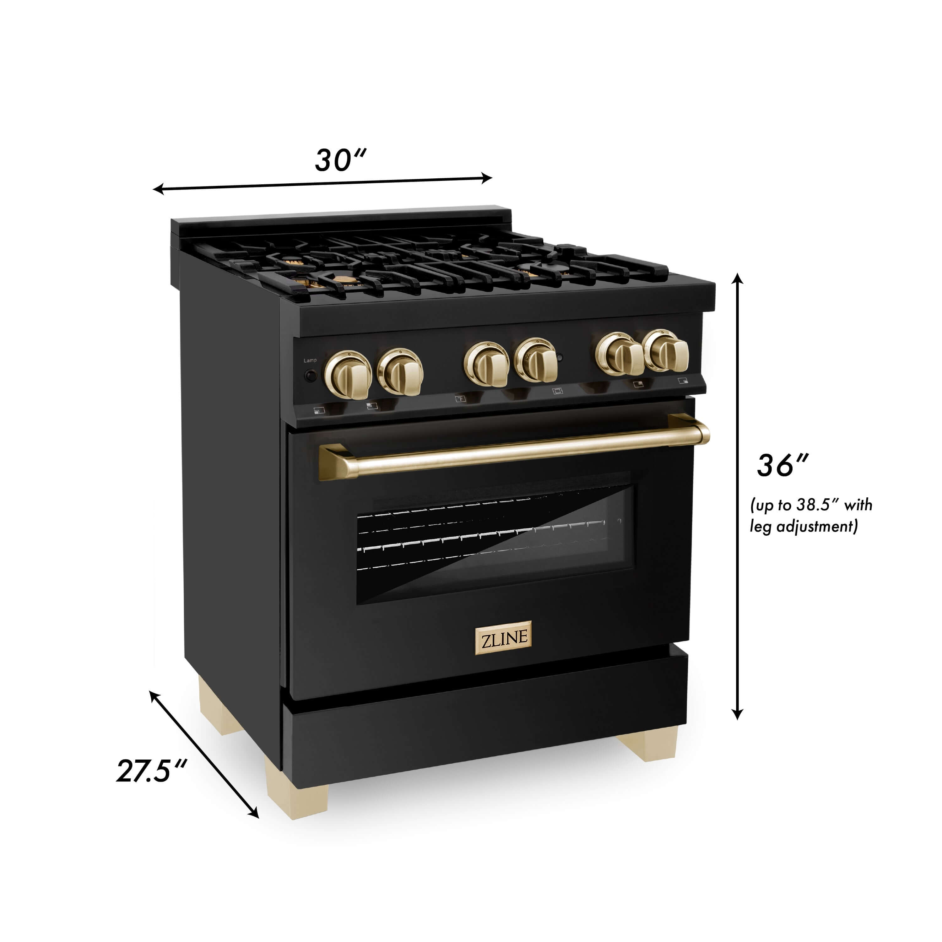 ZLINE 30" Black Stainless Steel Dual Fuel Range with Polished Gold accents dimensions.