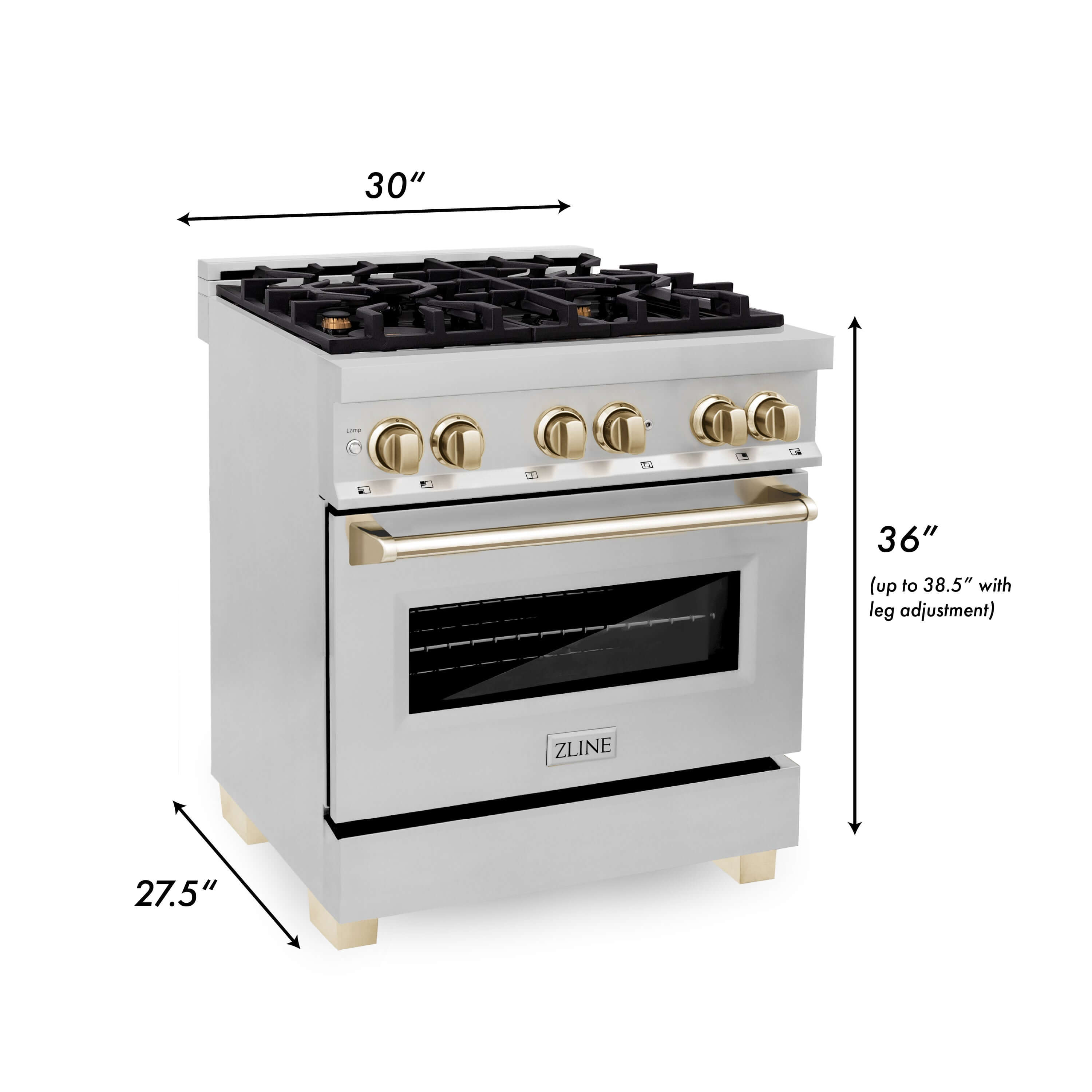 ZLINE Autograph Edition Kitchen Package in Stainless Steel with 30 in. Dual Fuel Range, 30 in. Range Hood, and 24 in. Dishwasher with Polished Gold Accents (3AKP-RARHDWM30-G) dimensional diagram with measurements.