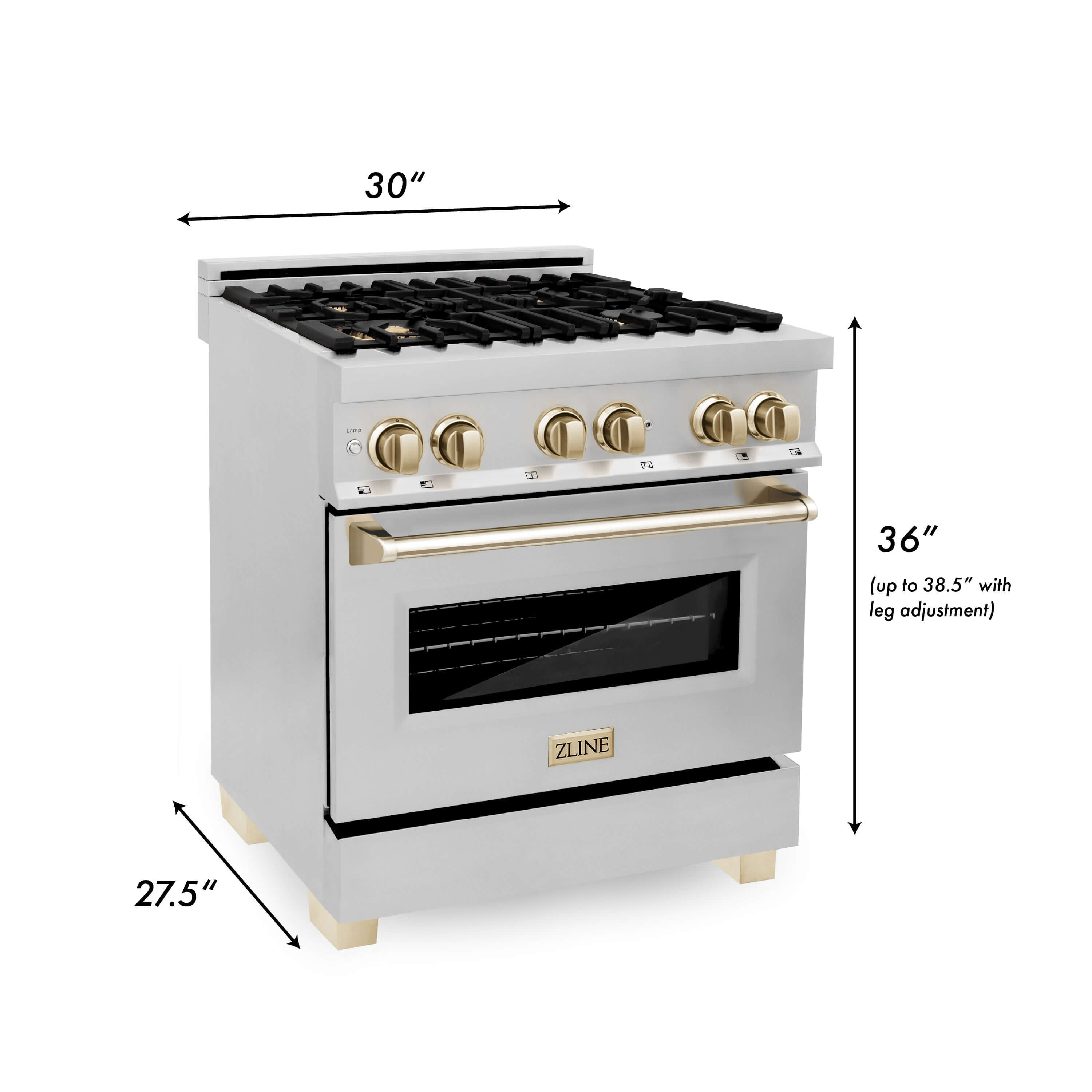ZLINE Autograph Edition 30 in. Kitchen Package with Stainless Steel Dual Fuel Range, Range Hood, Dishwasher and French Door Refrigerator with Polished Gold Accents (4KAPR-RARHDWM30-G) dimensional diagram with measurements.