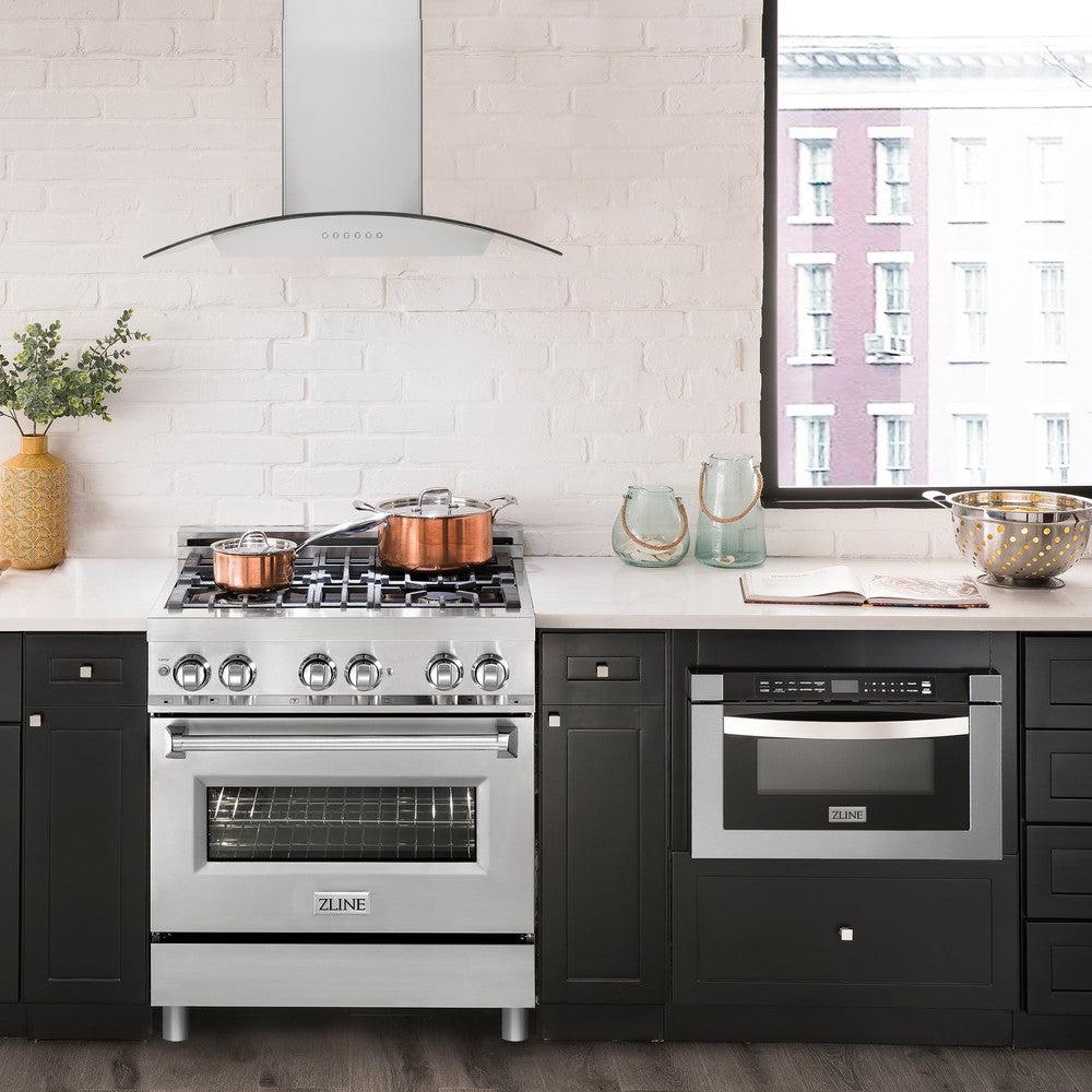 ZLINE Alpine Series Ducted Wall Mount Range Hood in Stainless Steel (ALP70WL) front, in a luxury rustic-style kitchen with matching appliances.