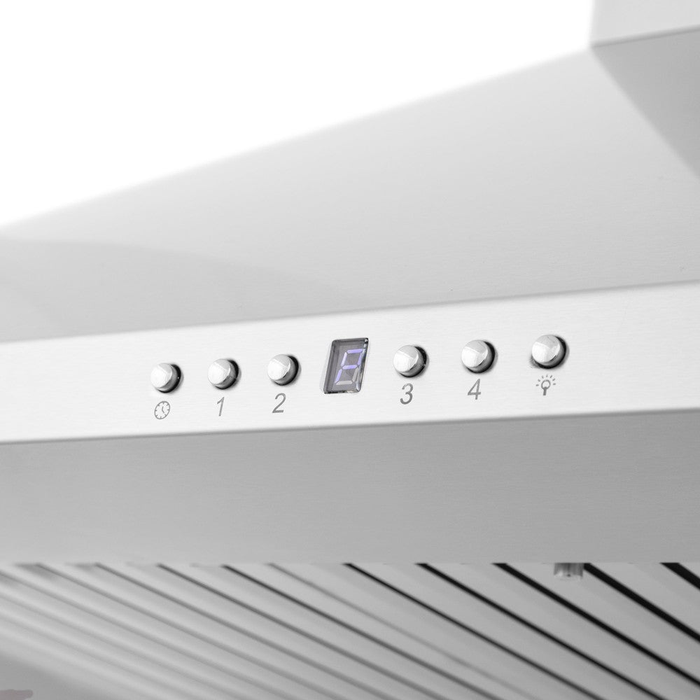 ZLINE Wall Mount Range Hood in Stainless Steel with Built-in ZLINE CrownSound Bluetooth Speakers (KF1CRN-BT) fan and lighting control buttons.