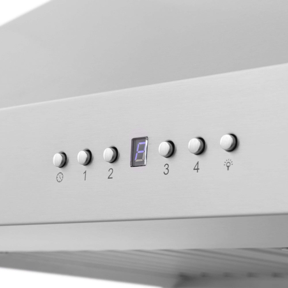 ZLINE 30 in. Wall Mount Range Hood in Stainless Steel with Built-in ZLINE CrownSound Bluetooth Speakers (KF2CRN-BT) fan and lighting control buttons.