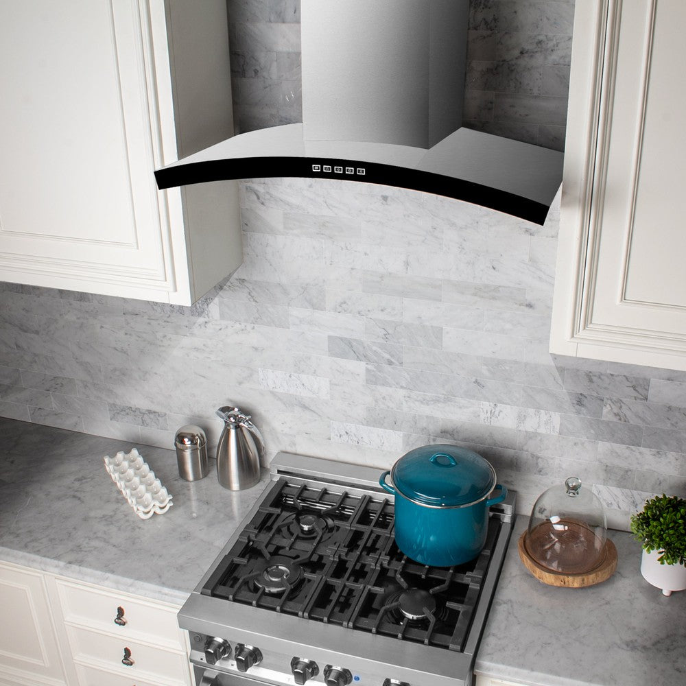 ZLINE Wall Mount Range Hood in Stainless Steel (KN6) in a cottage-style kitchen from above.