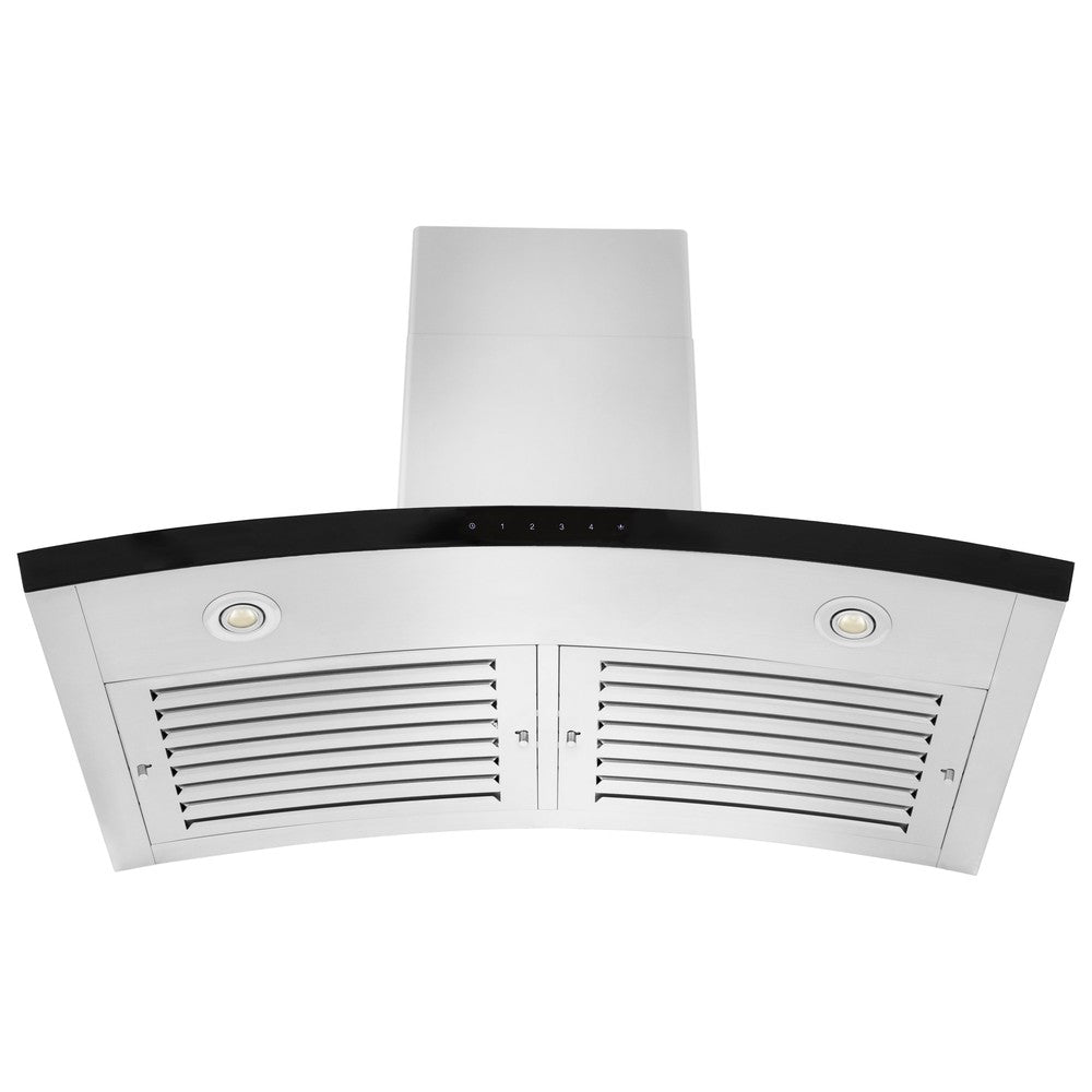 ZLINE Wall Mount Range Hood in Stainless Steel (KN6) under showing baffle filters, LCD display, and LED lighting.