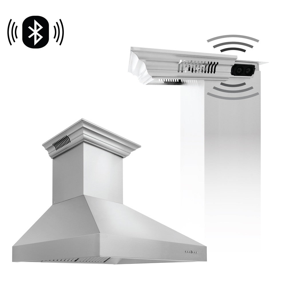 ZLINE Professional Wall Mount Range Hood in Stainless Steel with Built-in ZLINE CrownSound Bluetooth Speakers (697CRN-BT) main image.