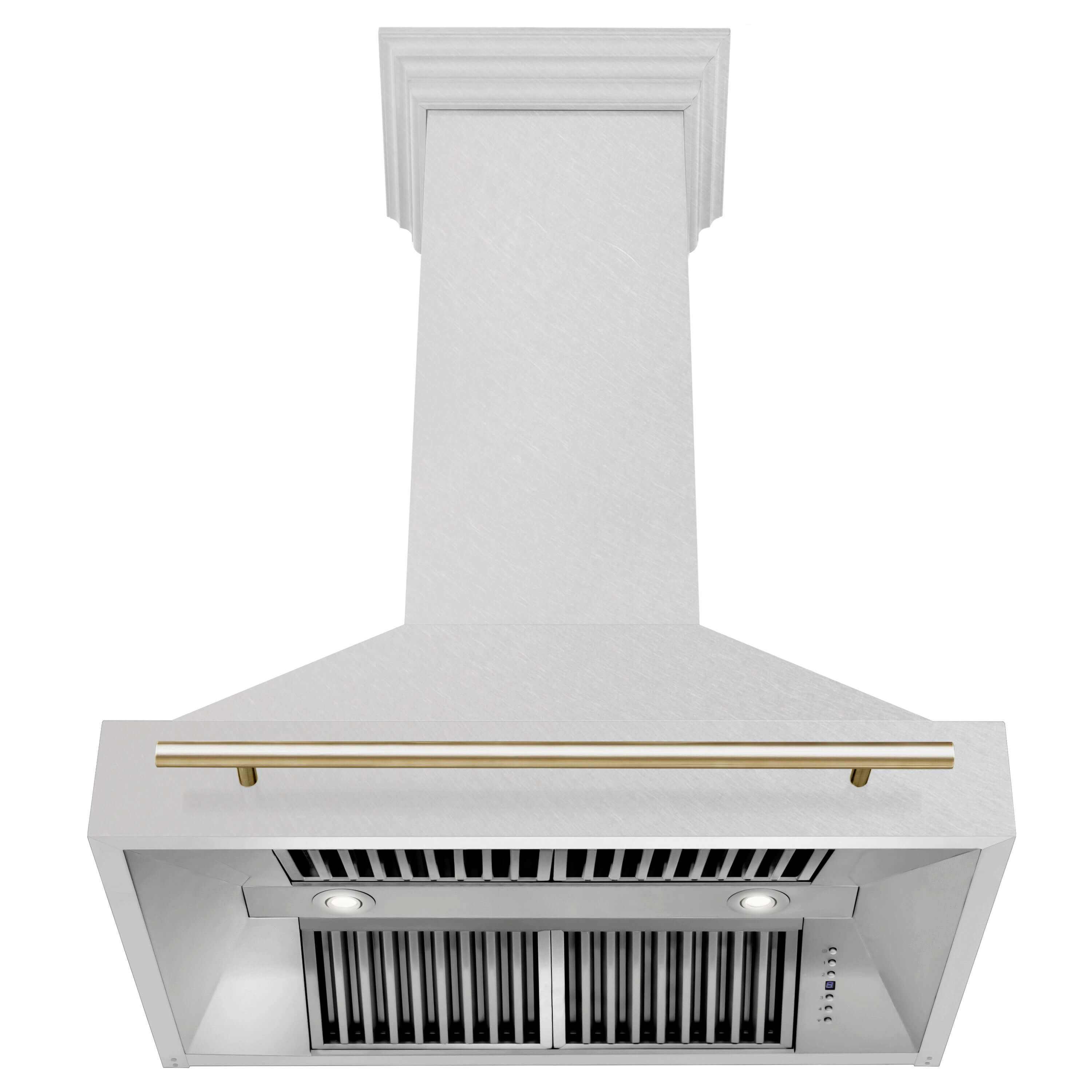 36 in. ZLINE Autograph Edition Wall Mount Range Hood with DuraSnow Stainless Steel Shell and Gold Handle Showing Baffle Filters