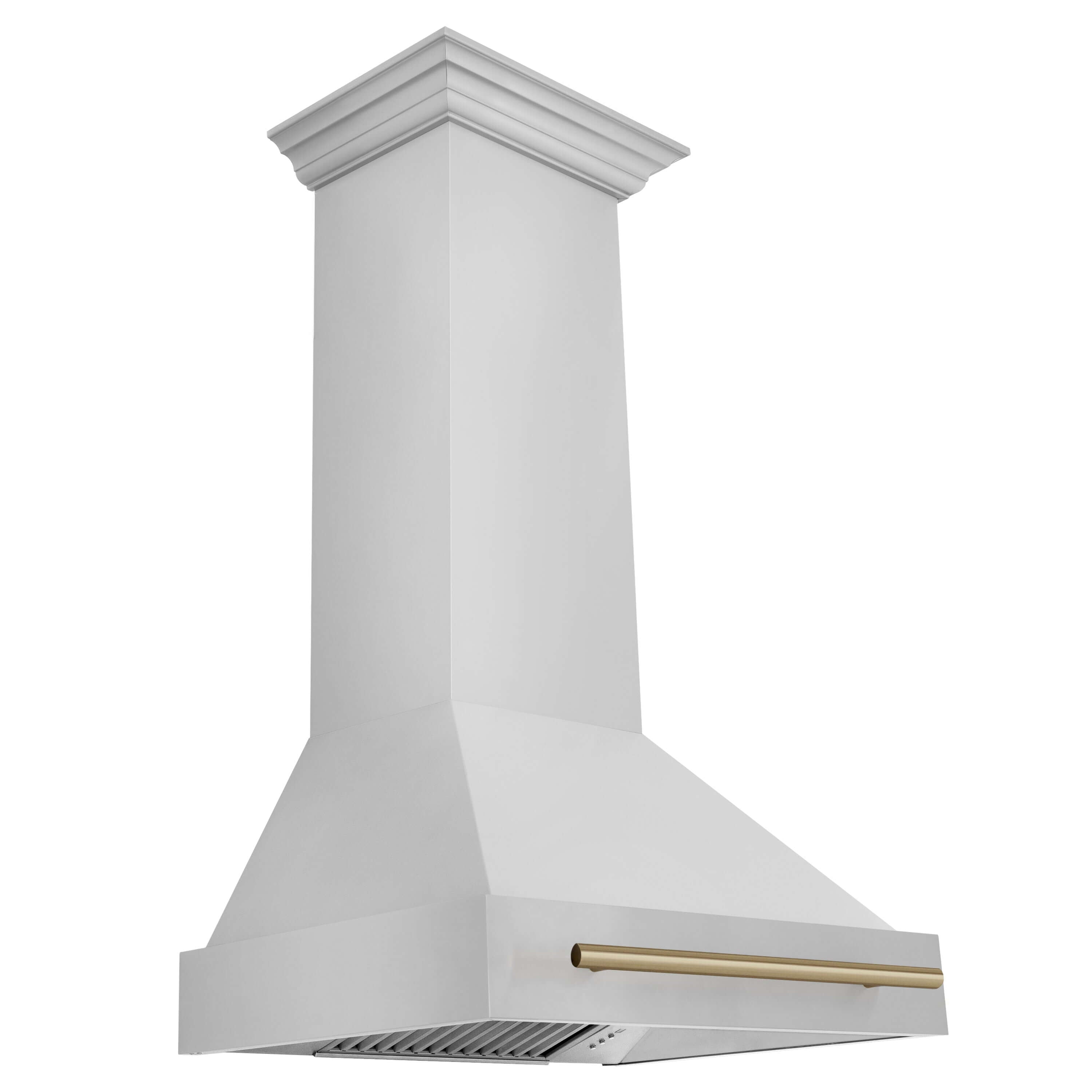 ZLINE 30 in. Autograph Edition Stainless Steel Range Hood with Champagne Bronze accent handle side.