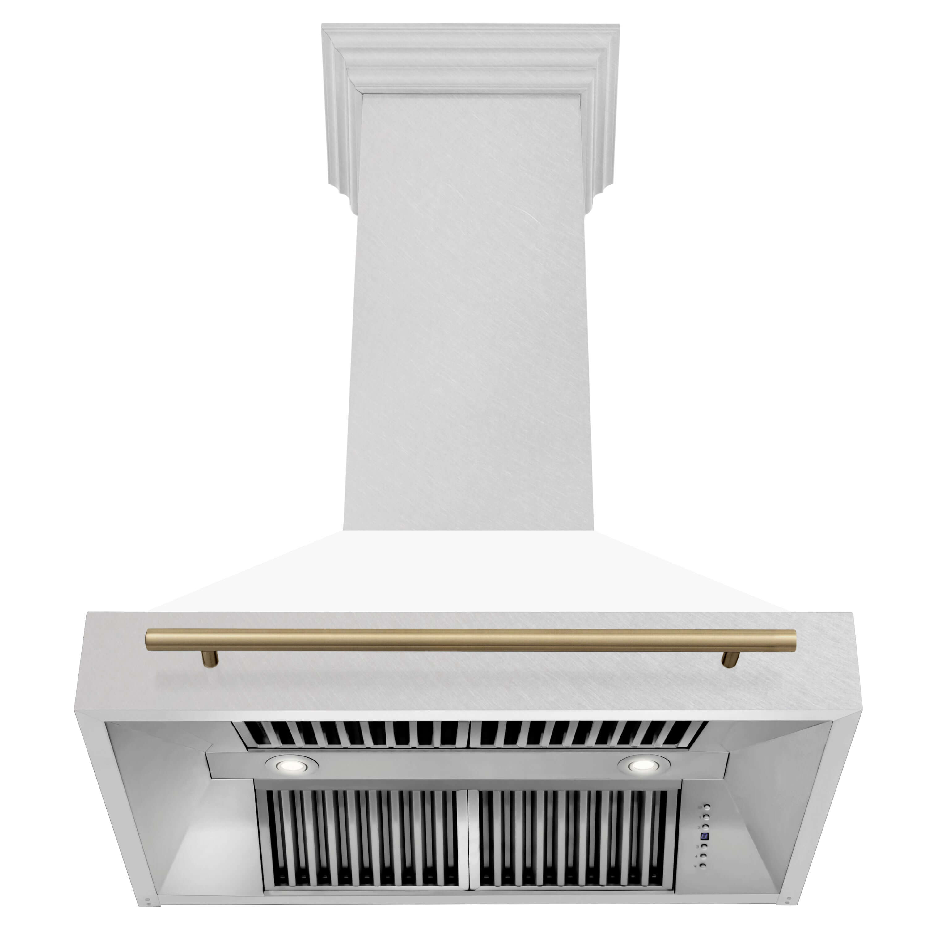ZLINE Autograph Edition 36 in. Fingerprint Resistant Stainless Steel Range Hood with White Matte Shell and Accented Handle (8654SNZ-WM36) front, under.
