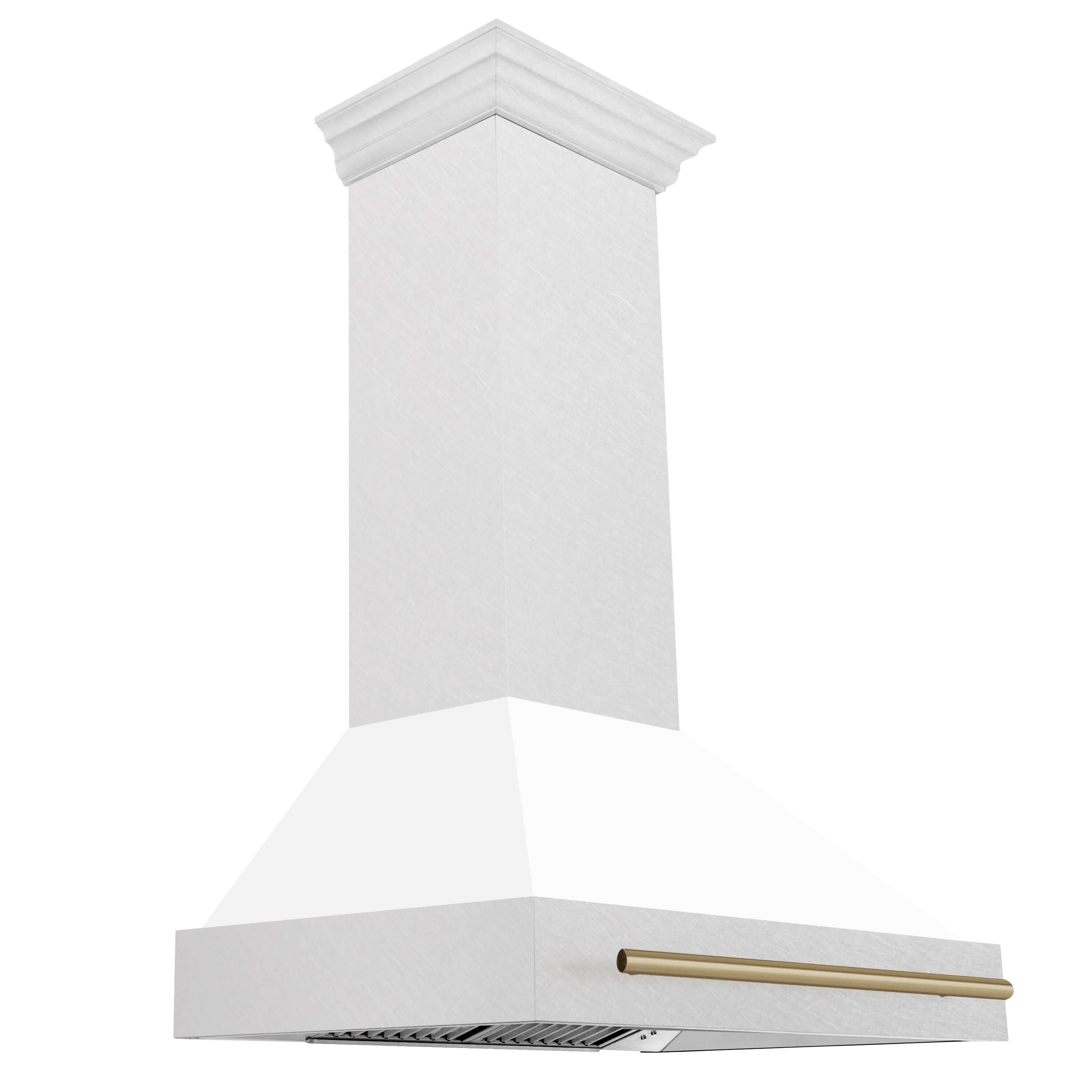 36 in. ZLINE Autograph Edition Fingerprint Resistant DuraSnow Stainless Steel Wall Mount Range Hood with White Matte Shell and Champagne Bronze Handle Angle View