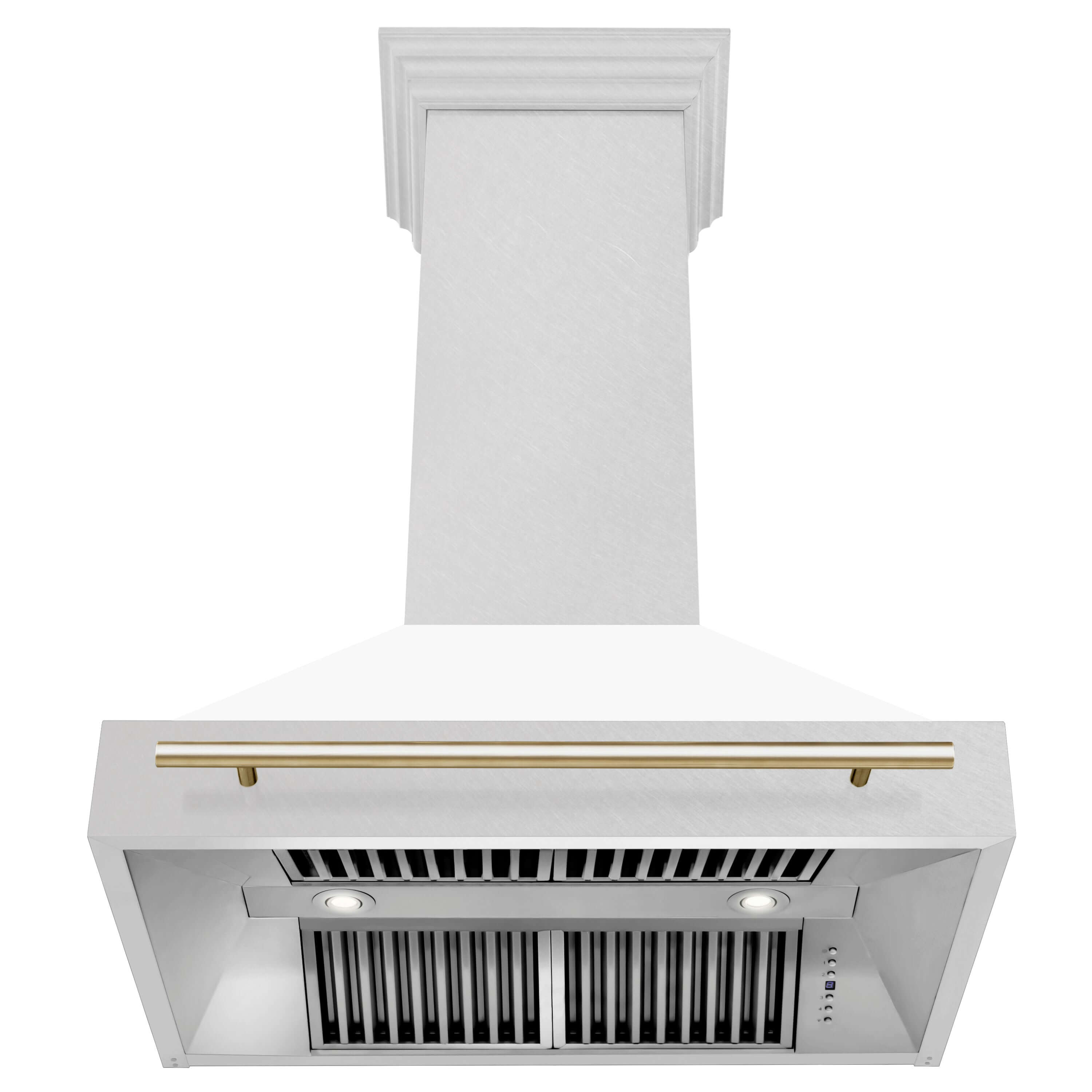 36 in. ZLINE Autograph Edition Fingerprint Resistant DuraSnow Stainless Steel Wall Mount Range Hood with White Matte Shell and Gold Handle Under View
