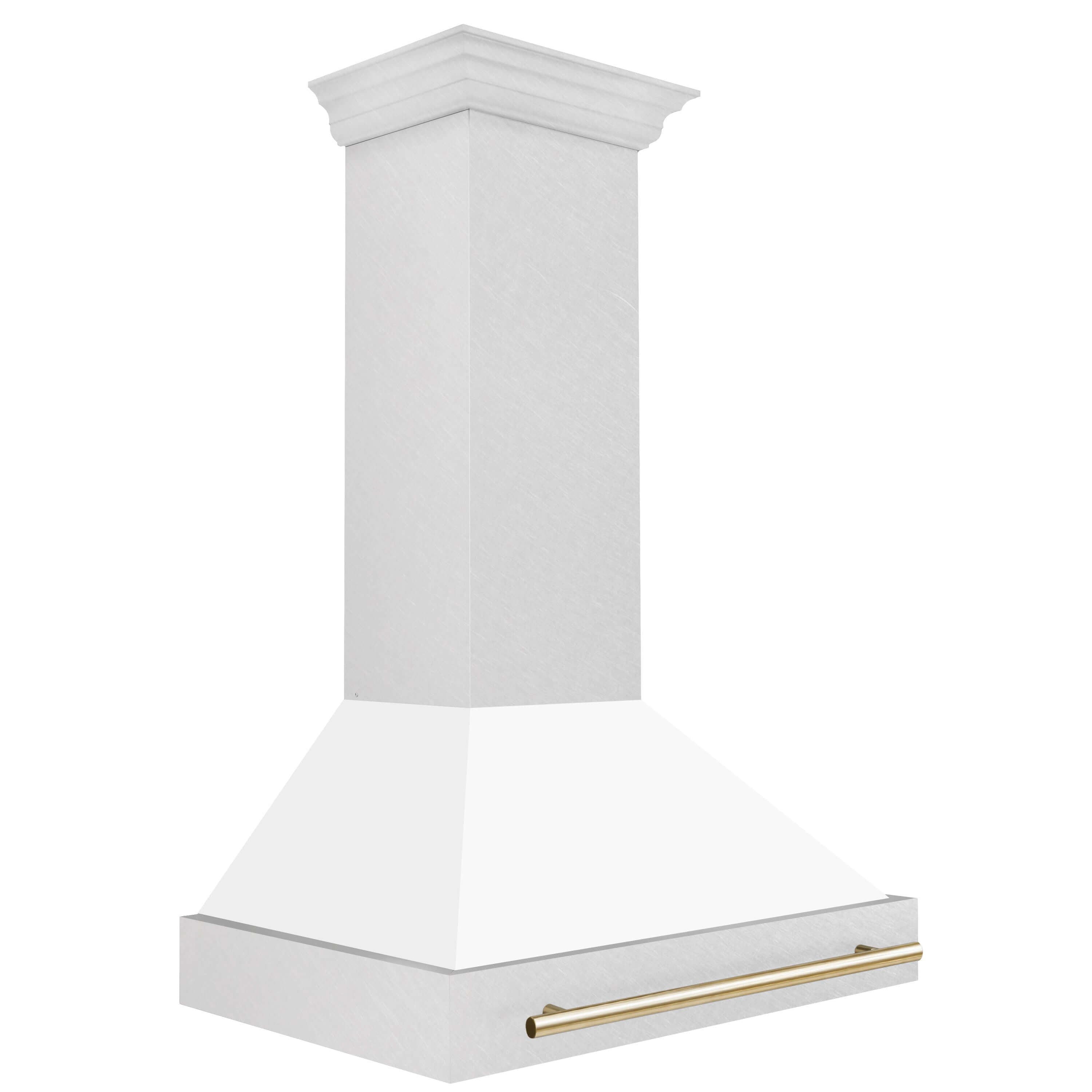36 in. ZLINE Autograph Edition Fingerprint Resistant DuraSnow Stainless Steel Wall Mount Range Hood with White Matte Shell and Gold Handle Side View