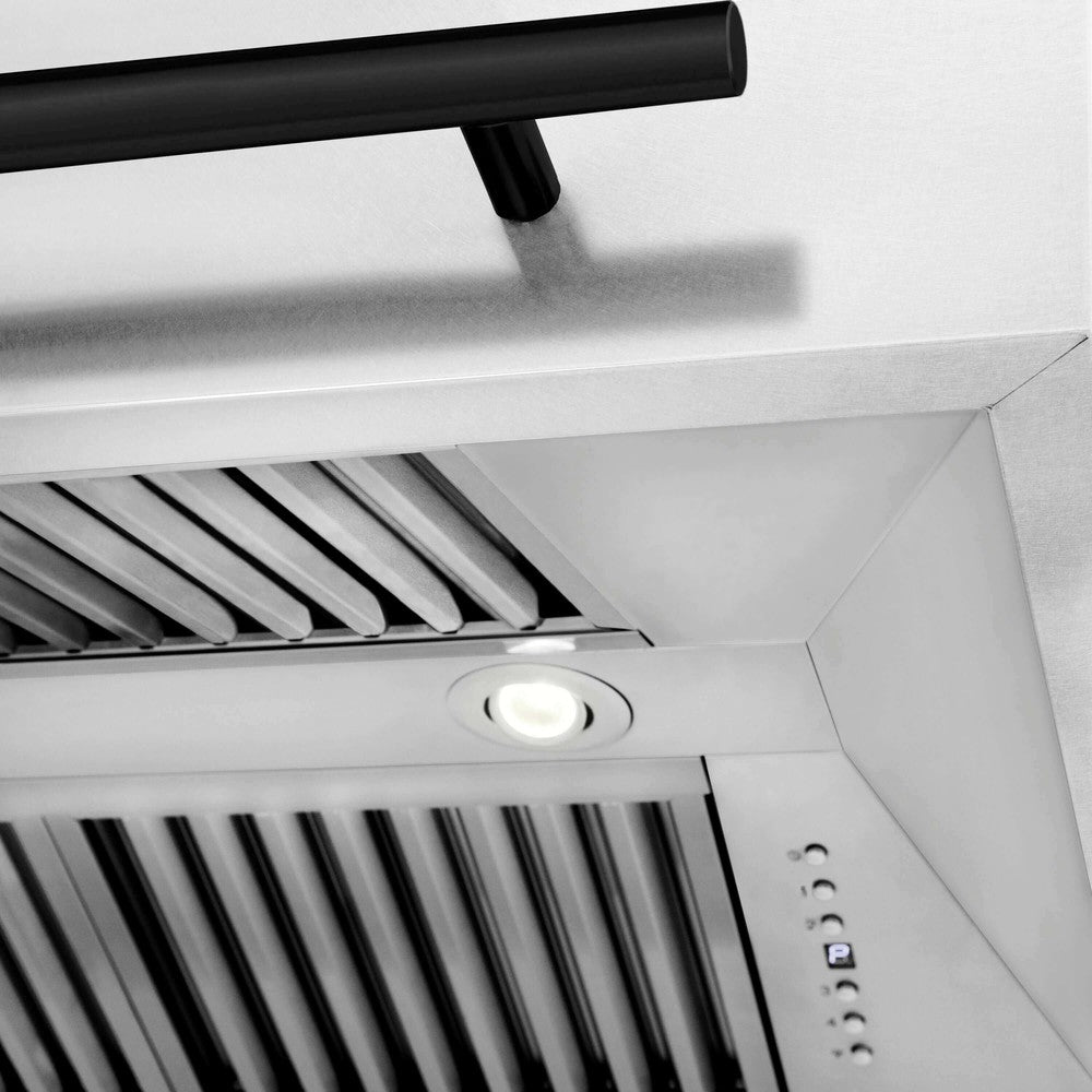 36 in. ZLINE Autograph Edition Fingerprint Resistant DuraSnow Stainless Steel Wall Mount Range Hood with White Matte Shell and Matte Black Handle Baffle Filter and LED lighting Close up