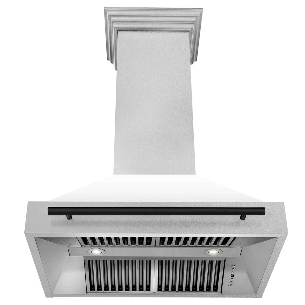 36 in. ZLINE Autograph Edition Fingerprint Resistant DuraSnow Stainless Steel Wall Mount Range Hood with White Matte Shell and Matte Black Handle Under View