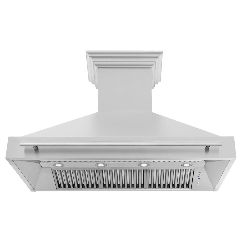ZLINE 48 in. Stainless Steel Range Hood with Stainless Steel Handle (8654STX-48) front under view of LED lighting and baffle filters.