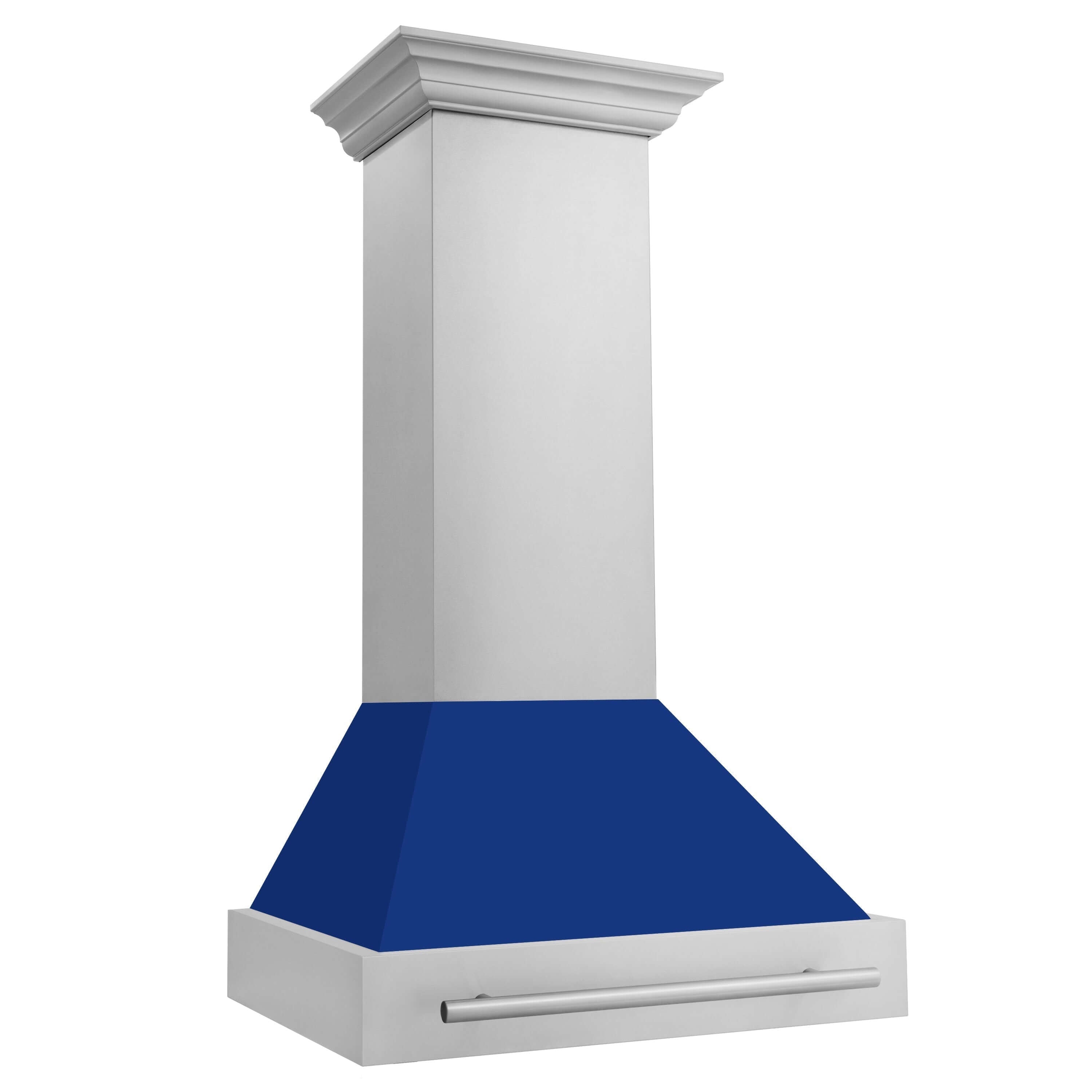 ZLINE 30 in. Stainless Steel Range Hood with Colored Shell Options and Stainless Steel Handle (8654STX-30) Blue Gloss side.