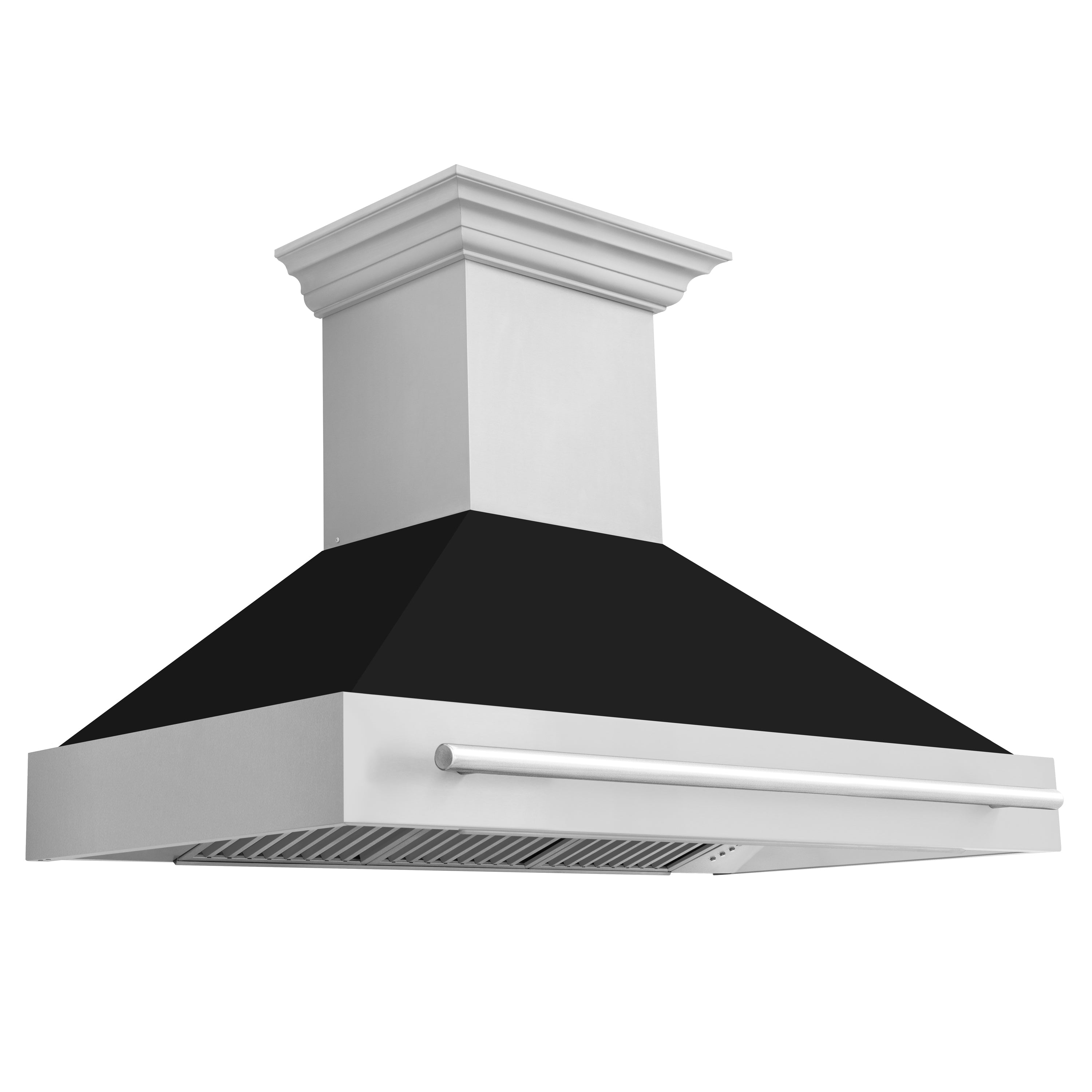 ZLINE 48 in. Stainless Steel Range Hood with Stainless Steel Handle (8654STX-48) with Black Matte Shell.