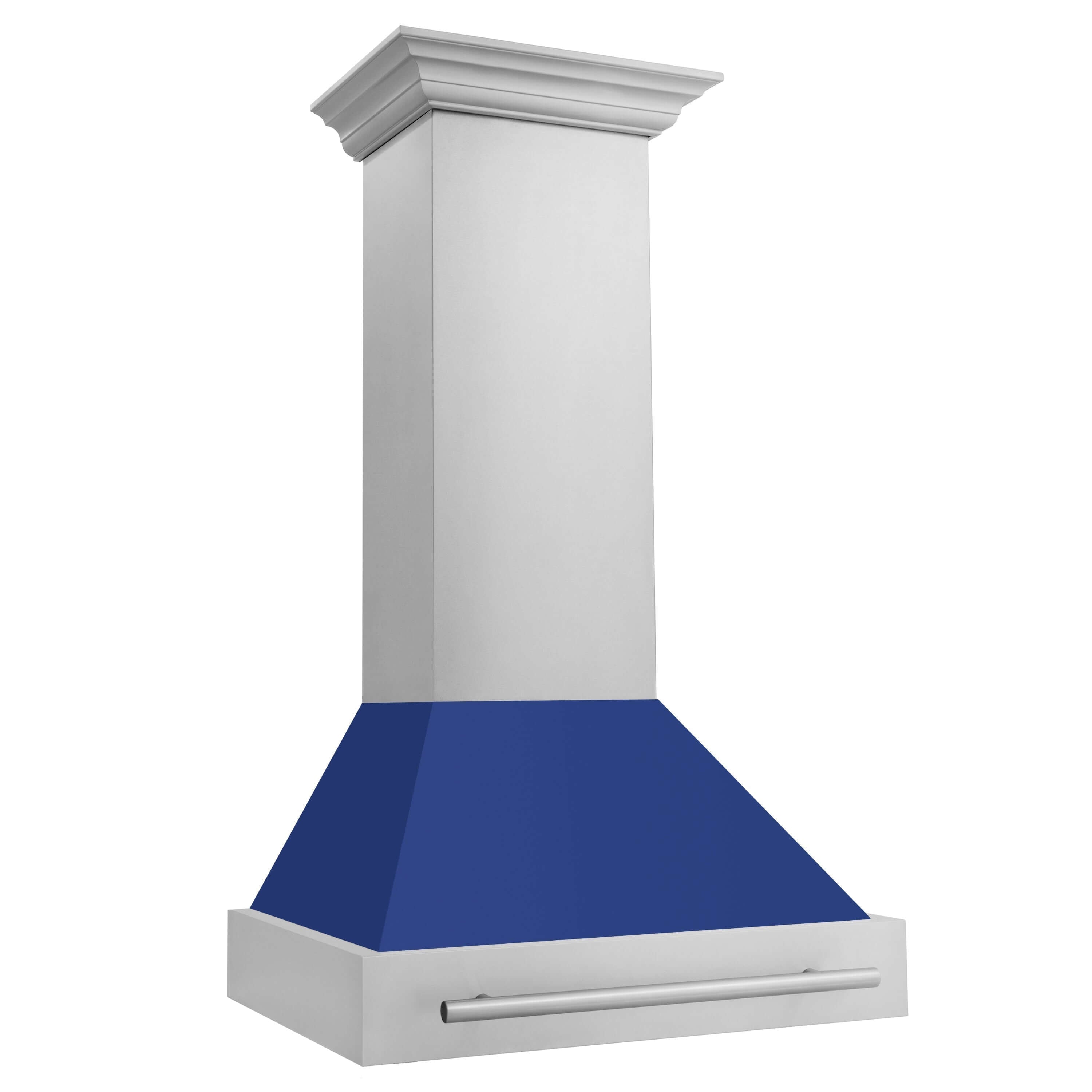ZLINE 30 in. Stainless Steel Range Hood with Colored Shell Options and Stainless Steel Handle (8654STX-30) Blue Matte side.