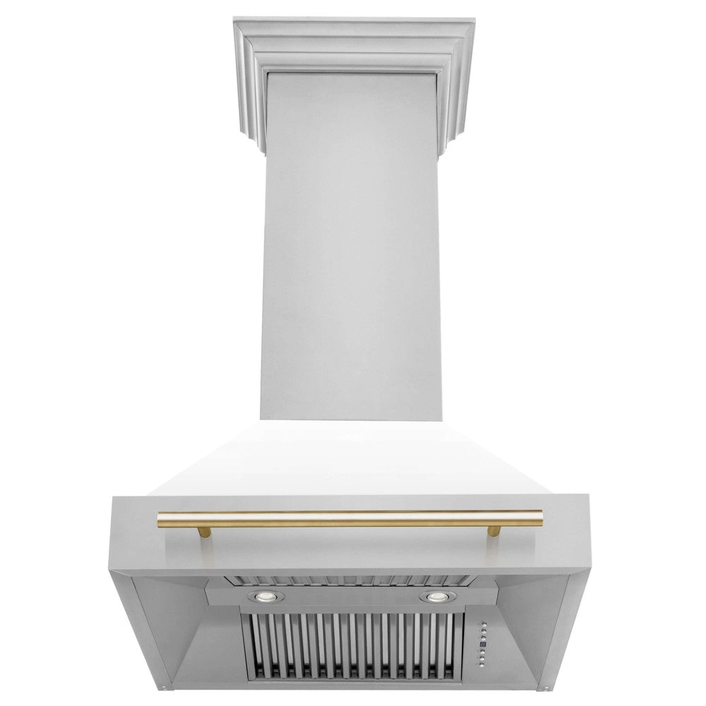 ZLINE Autograph Edition 30 in. Stainless Steel Range Hood with White Matte Shell and Accents (8654STZ-WM30) front, under.