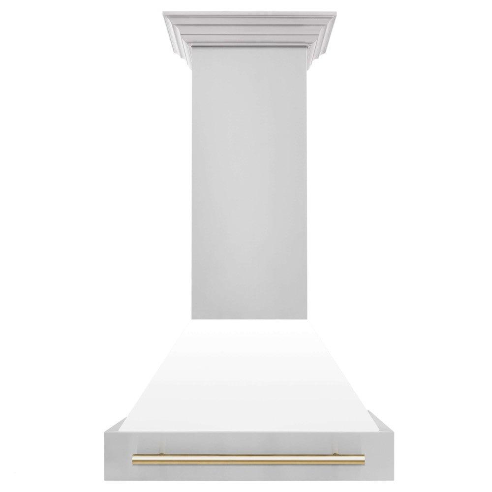 ZLINE Autograph Edition 30 in. Stainless Steel Range Hood with White Matte Shell and Accents (8654STZ-WM30) front.
