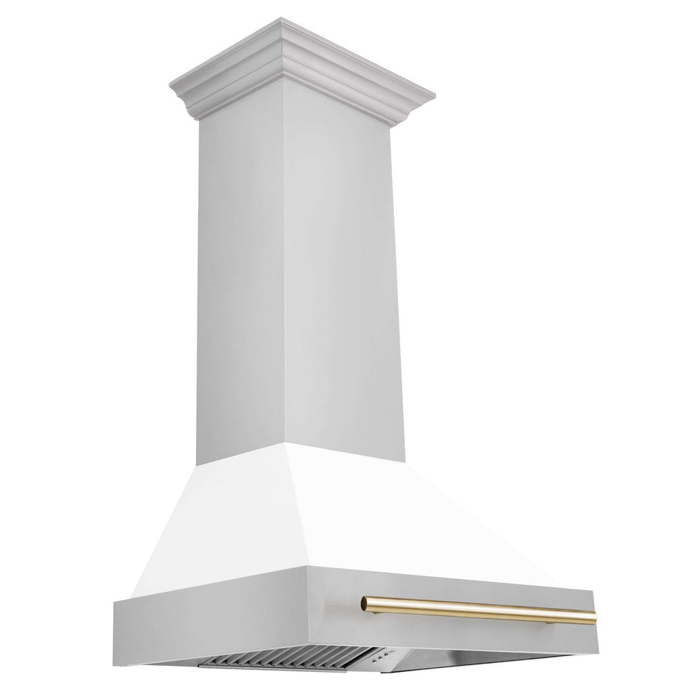 ZLINE Autograph Edition 30 in. Stainless Steel Range Hood with White Matte Shell and Accent Handle (8654STZ-WM30) main image.