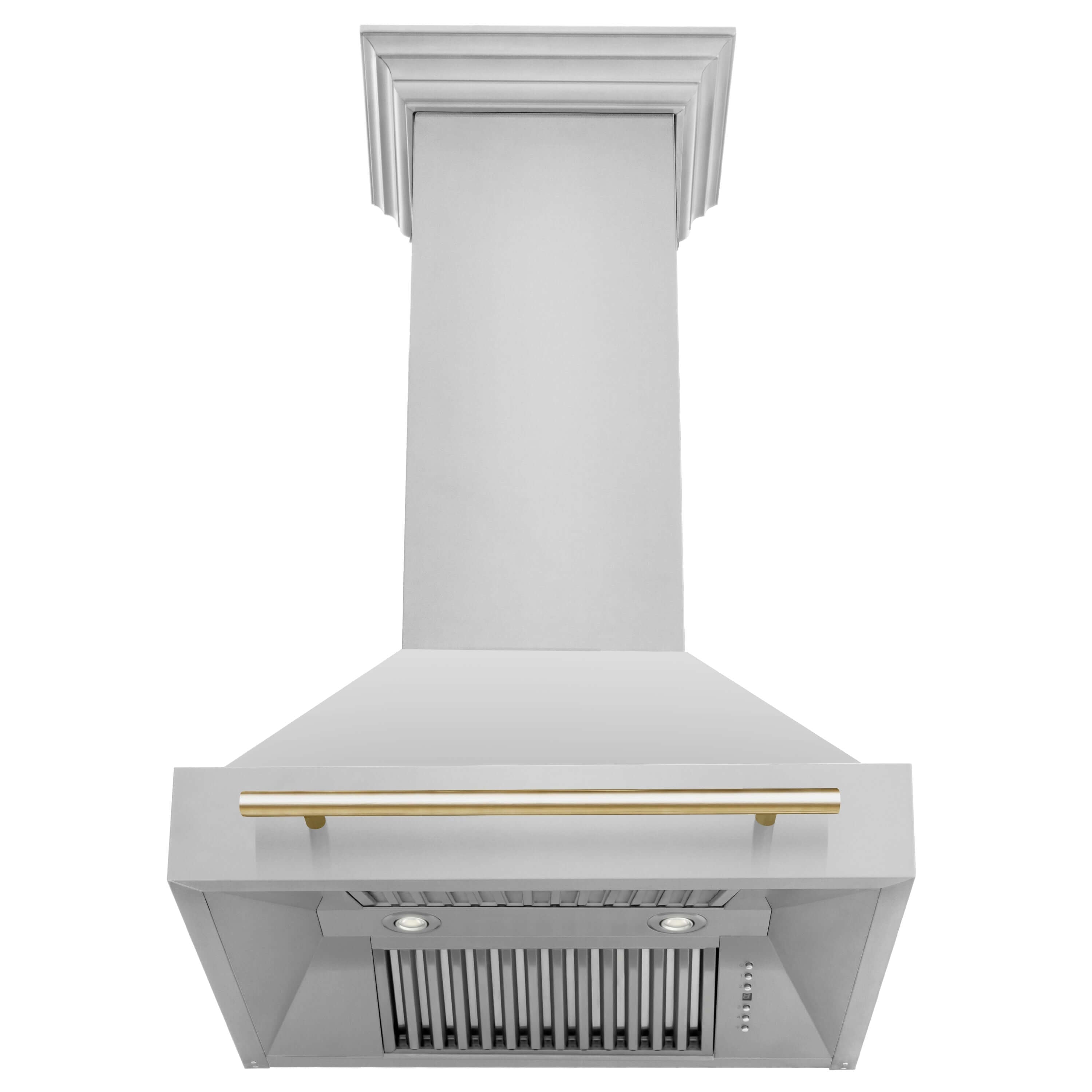 ZLINE Autograph Edition Wall Mount Range Hood with Gold accent handle front under showing baffle filters.