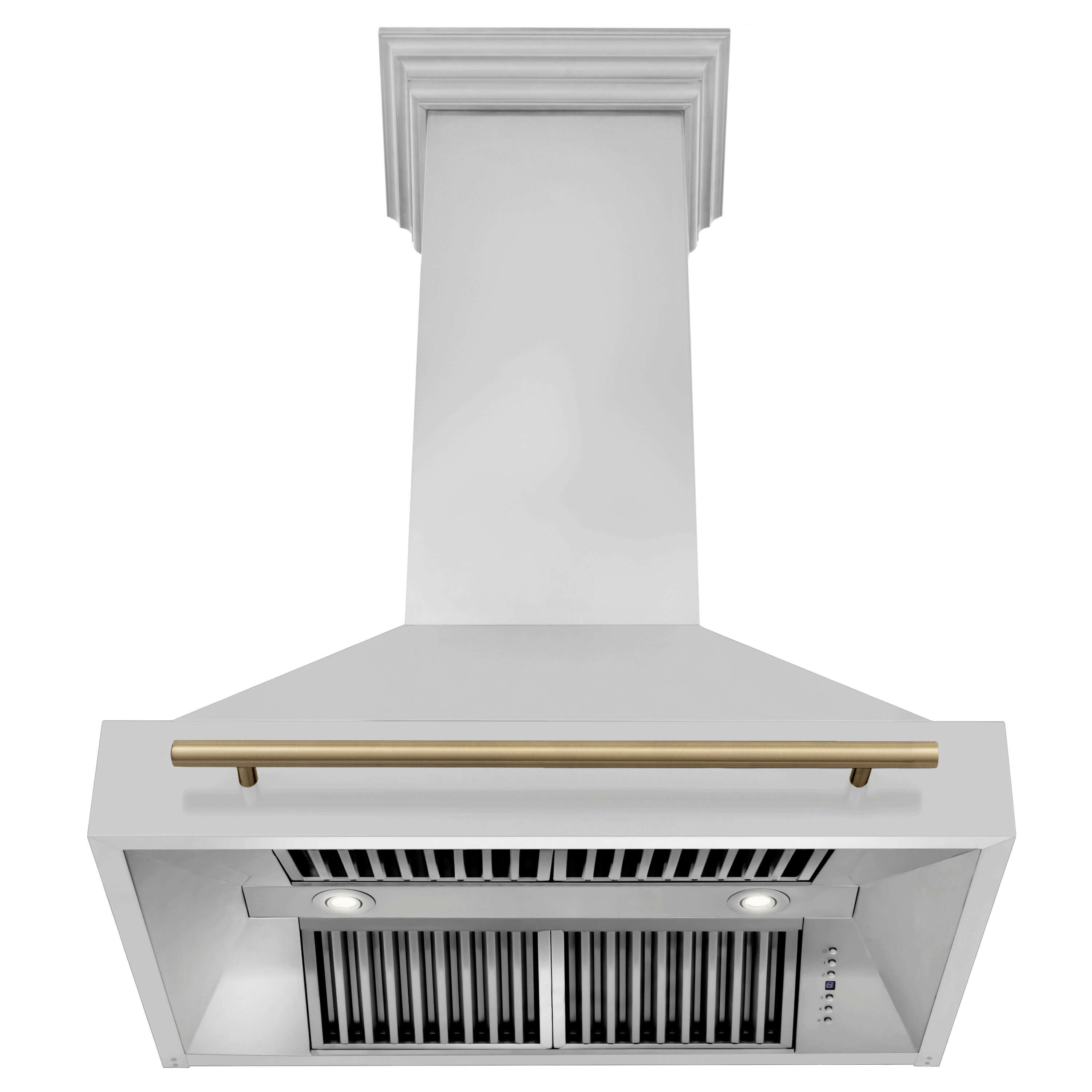 ZLINE Autograph Edition 36 in. Stainless Steel Range Hood with Champagne Bronze Handle front under.