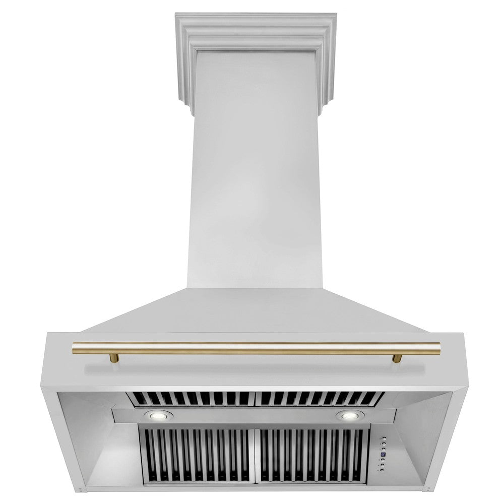 ZLINE Autograph Edition 36 in. Stainless Steel Range Hood with Polished Gold Handle front under.