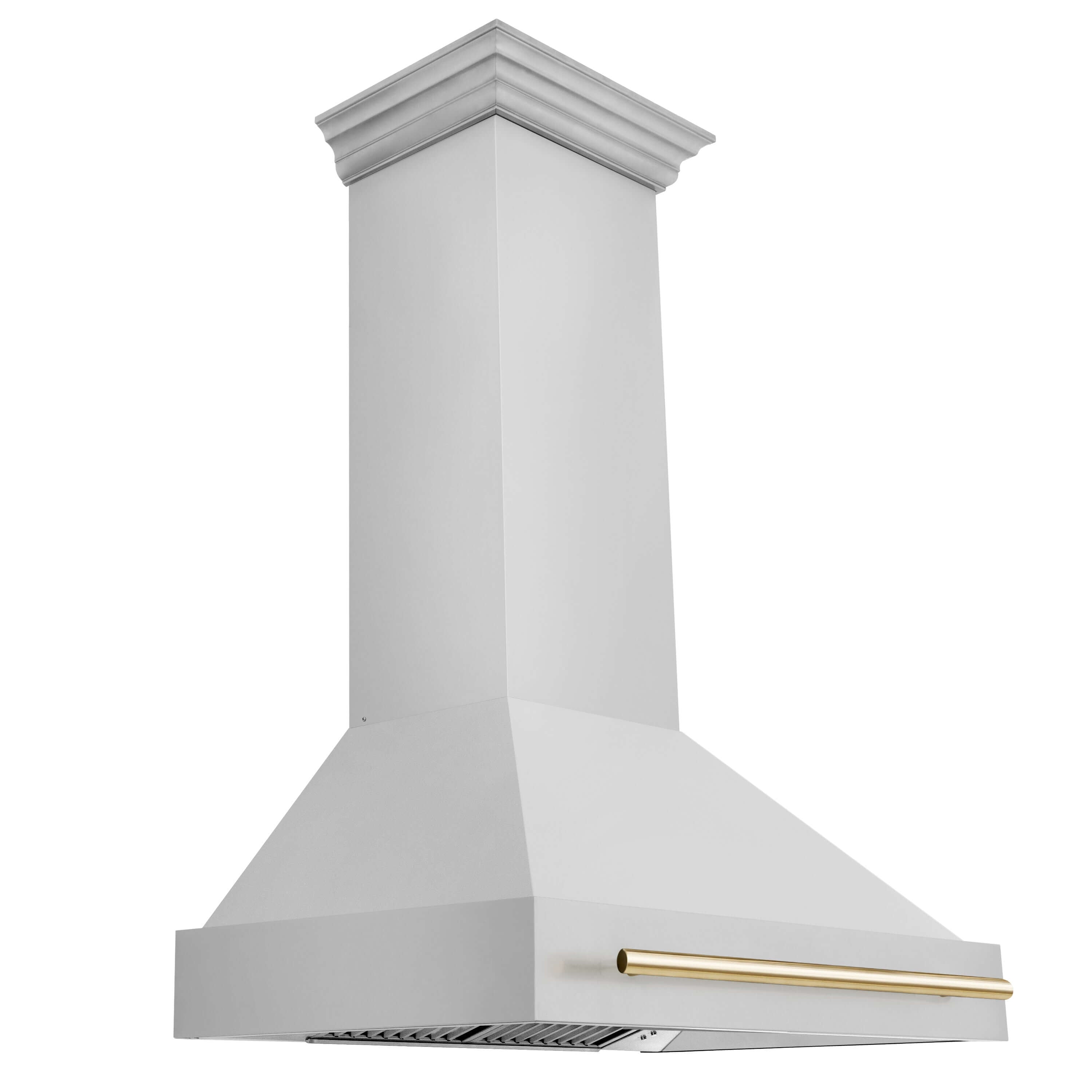 ZLINE Autograph Edition 36 in. Stainless Steel Range Hood with Polished Bronze Gold side.
