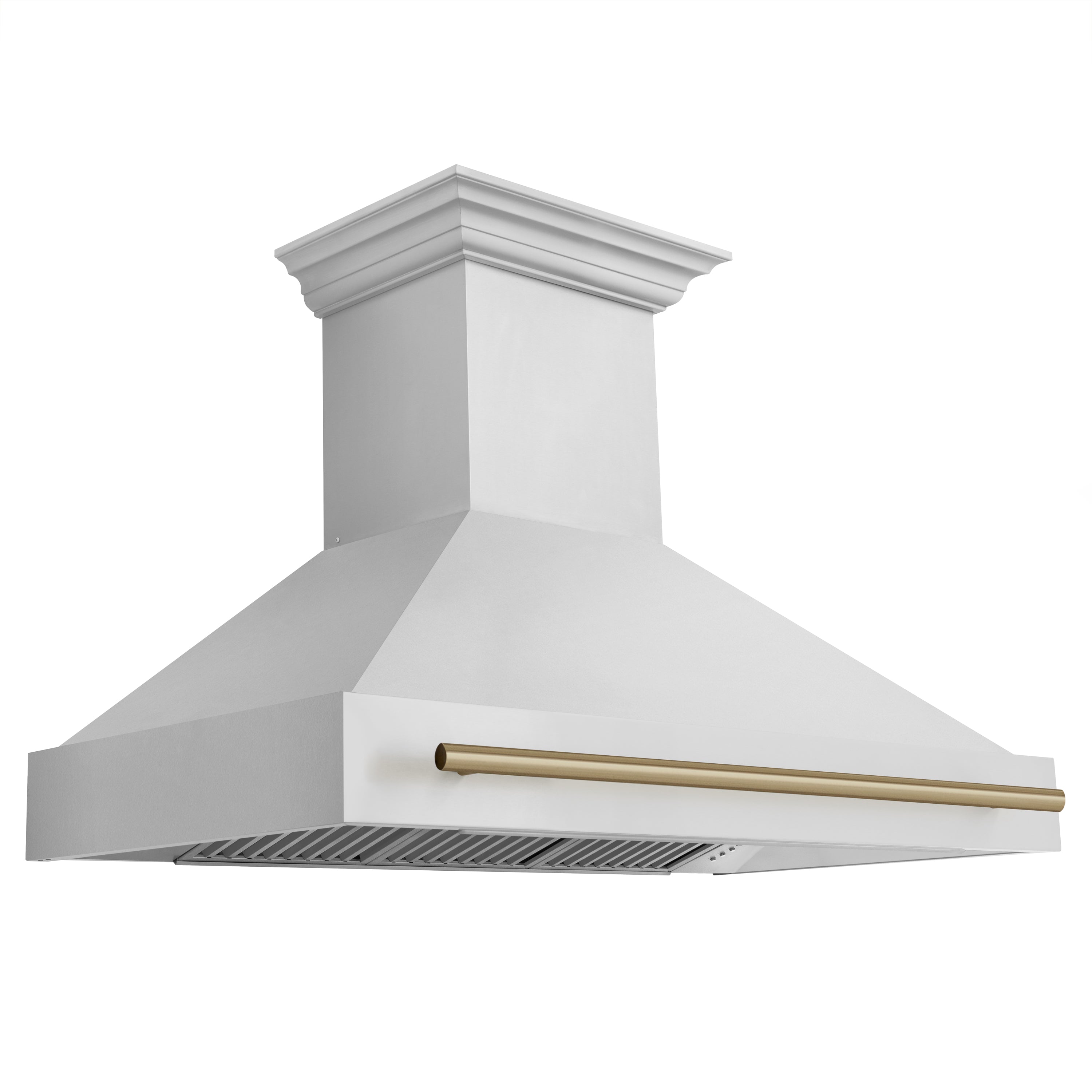 ZLINE Autograph Edition 48" Wall Mount Range Hood with Champagne Bronze accent handle side.