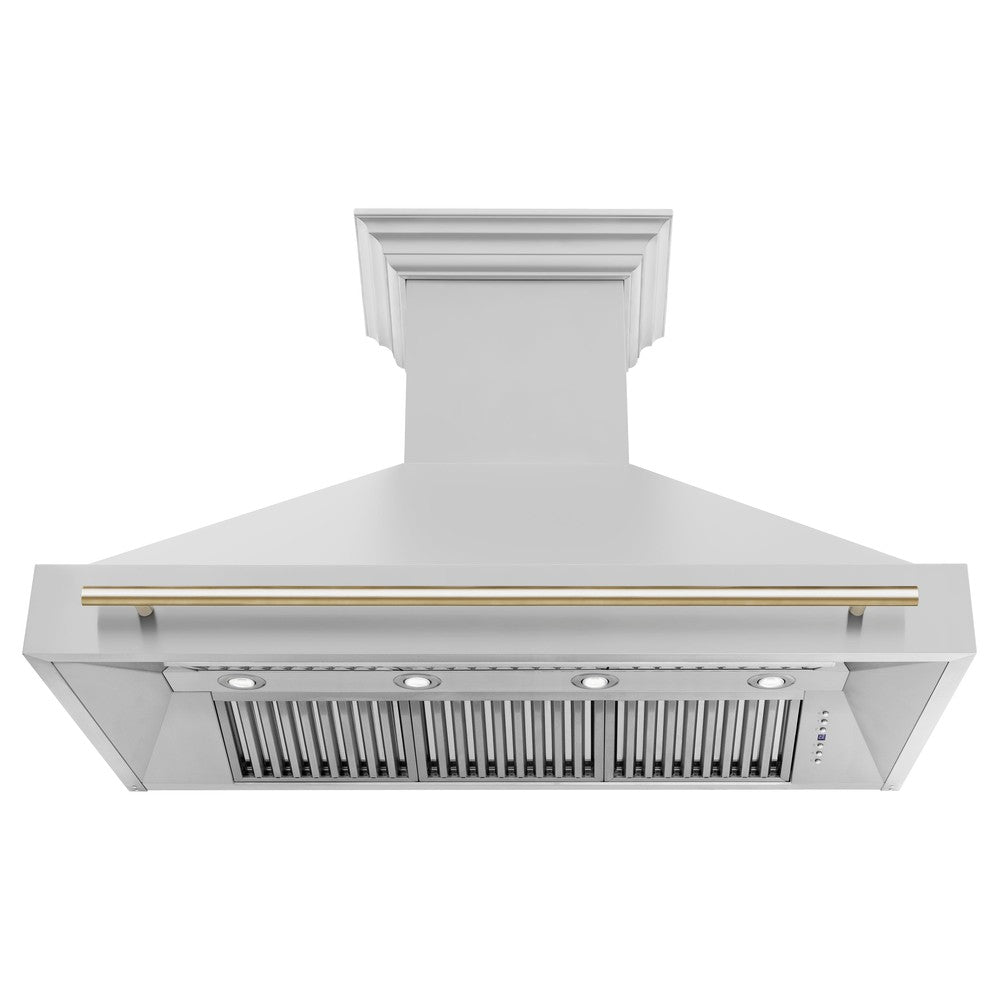 ZLINE Autograph Edition Wall Mount Range Hood with Gold accent handle front under showing baffle filters.