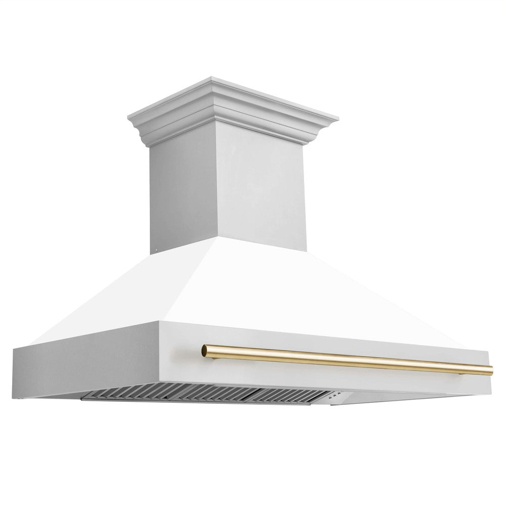 ZLINE Autograph Edition 48" Wall Mount Range Hood with Gold accent handle side.