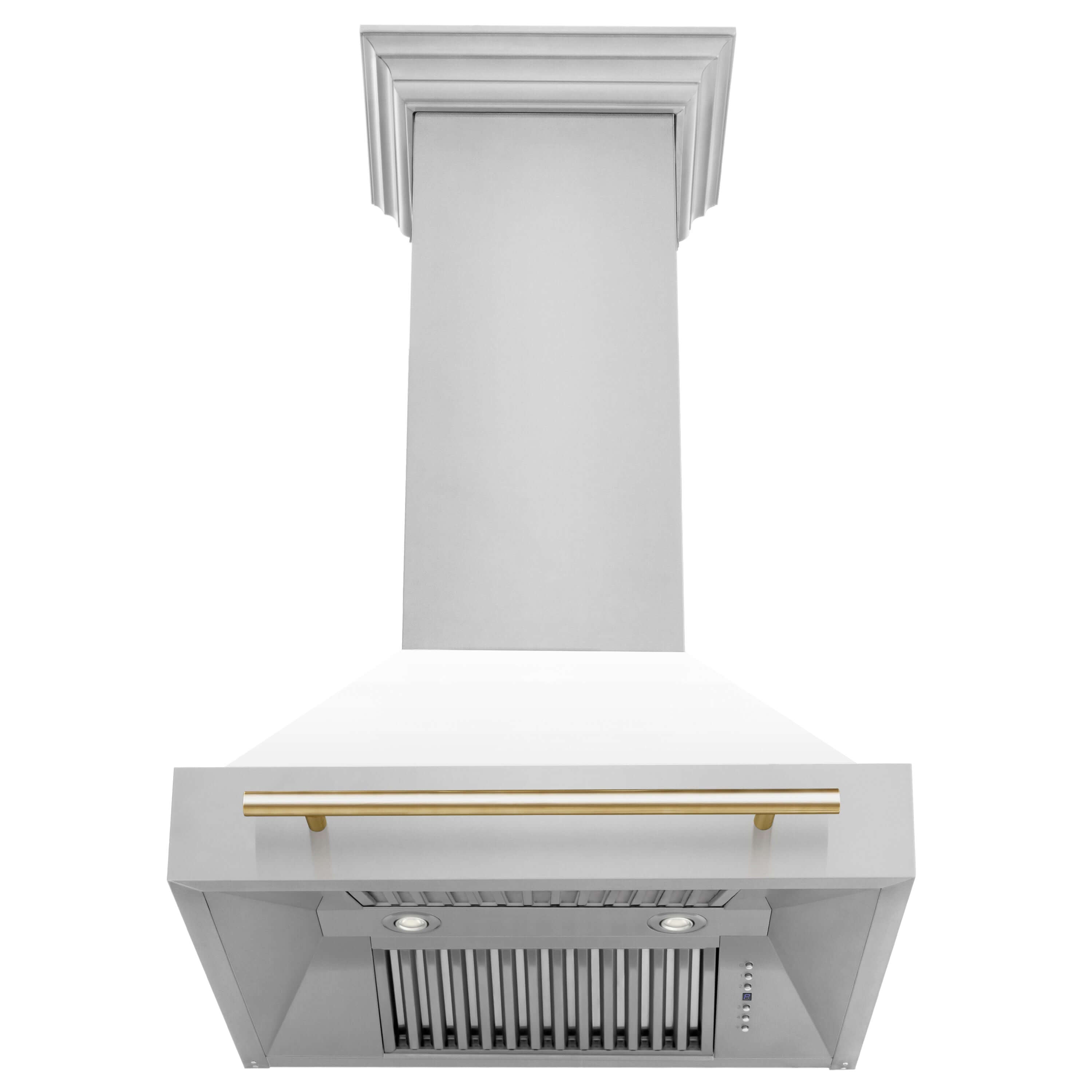 ZLINE Autograph Edition 30" Range Hood with White Matte Shell and Polished Gold accents (8654STZ-WM30-G) front, under