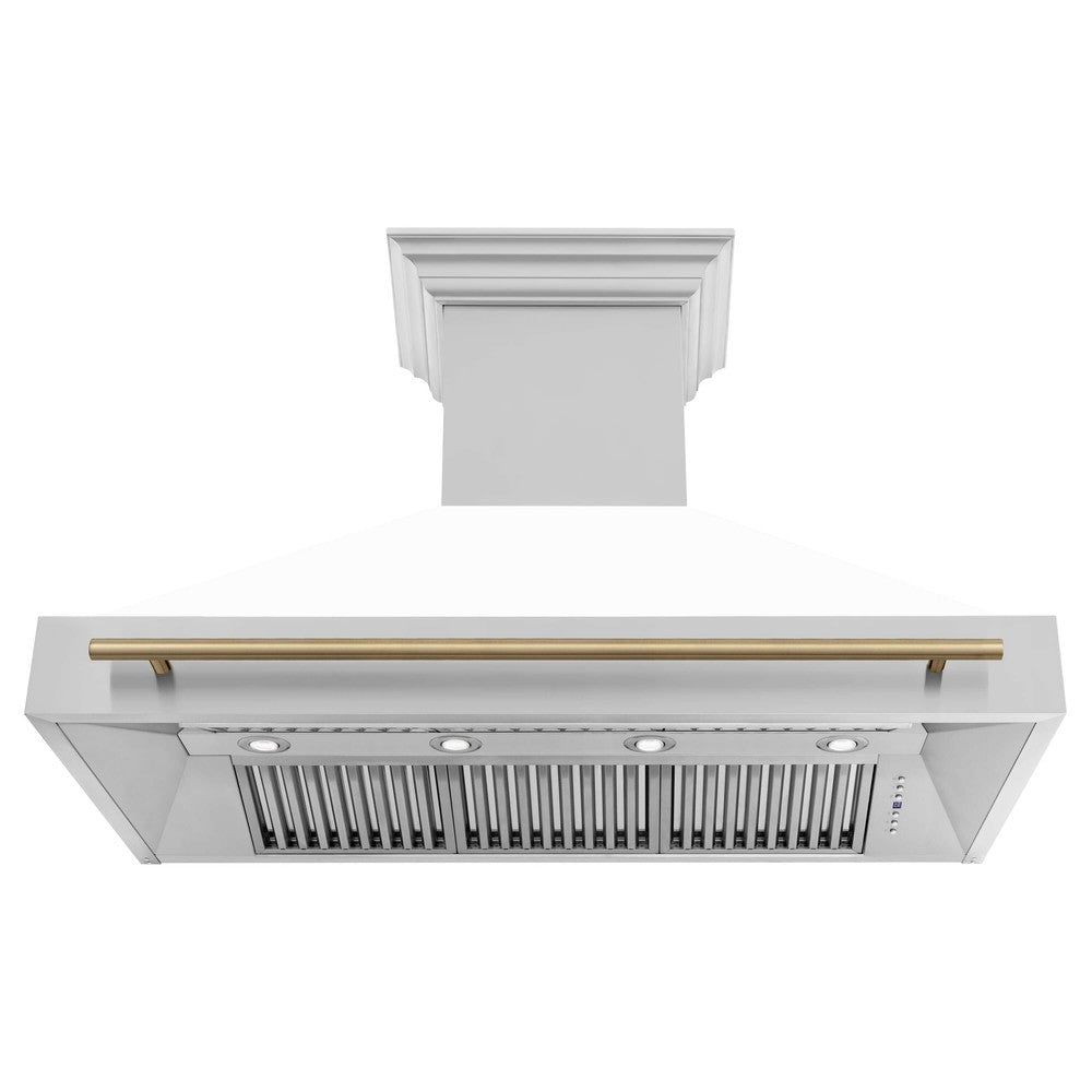 ZLINE Autograph Edition 48 in. Stainless Steel Range Hood with White Matte Shell and Handle (8654STZ-WM48) front, under.
