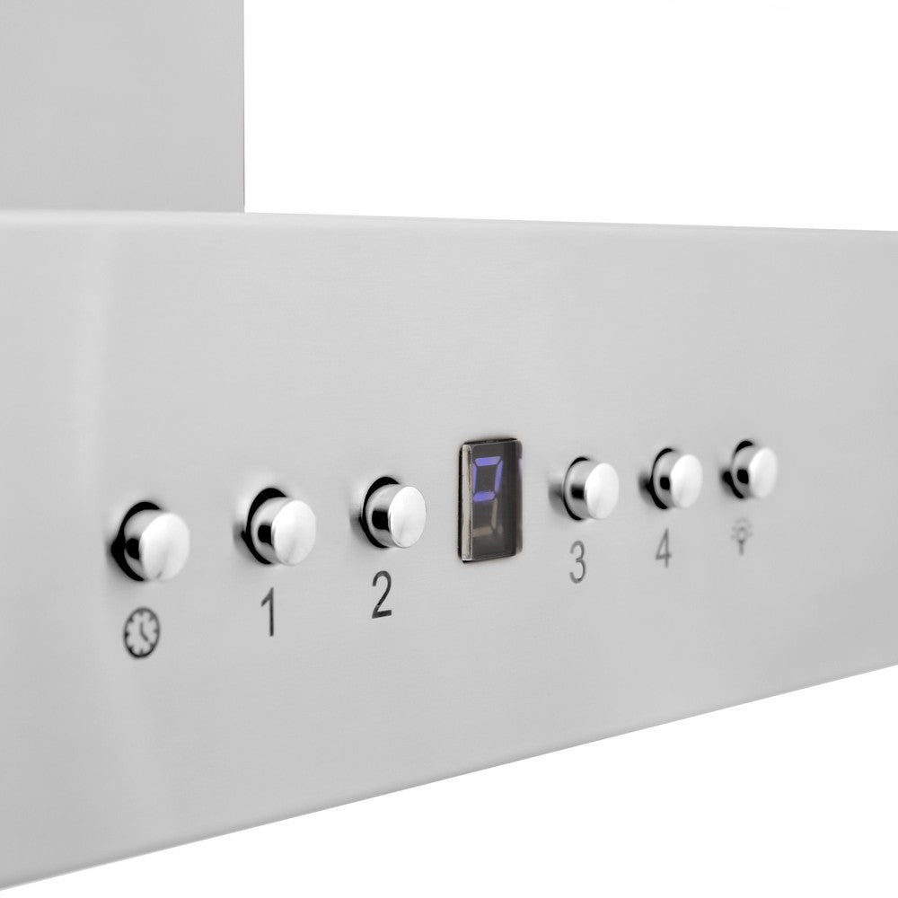 ZLINE Convertible Vent Wall Mount Range Hood in Stainless Steel with Crown Molding (KECRN) fan and lighting control buttons.