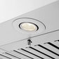 ZLINE Convertible Vent Wall Mount Range Hood in Stainless Steel with Crown Molding (KECRN) built-in directional LED lighting.