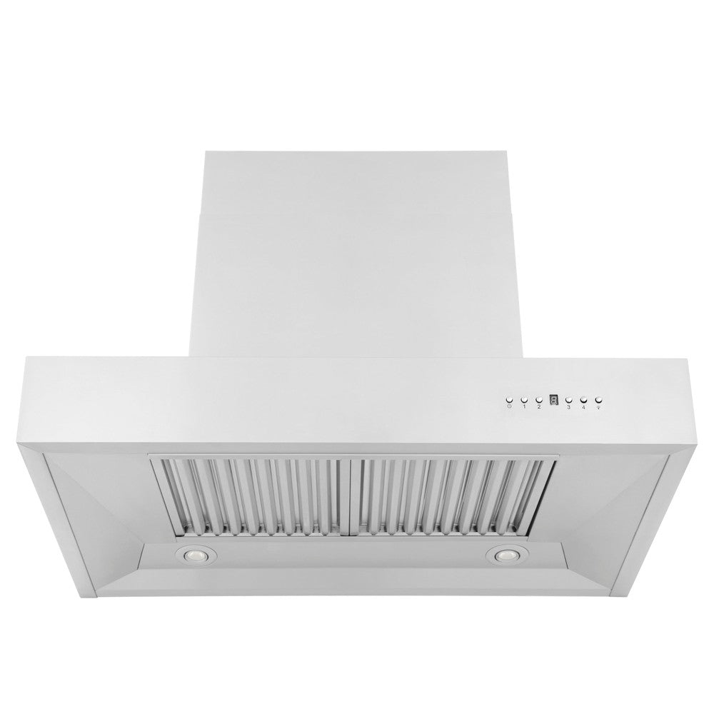 ZLINE Convertible Professional Wall Mount Range Hood in Stainless Steel (KECOM) front under of LED lighting and baffle filters.