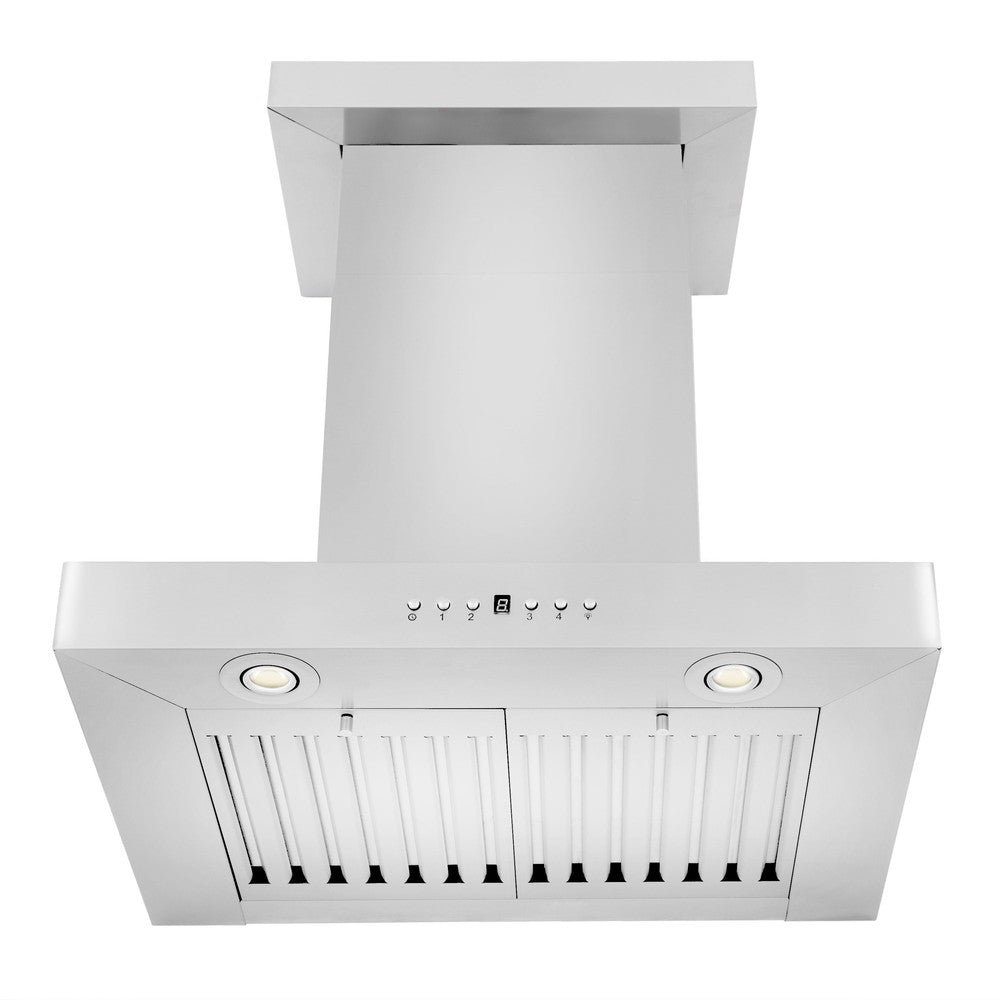 ZLINE Convertible Vent Wall Mount Range Hood in Stainless Steel with Crown Molding (KECRN) front, under.
